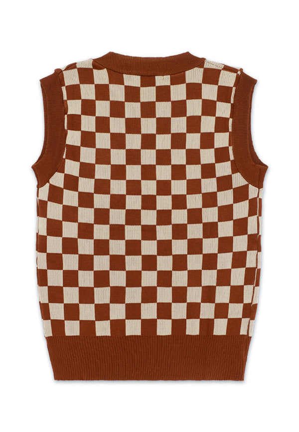 Checkered Knitted Sleeveless Top- Brown