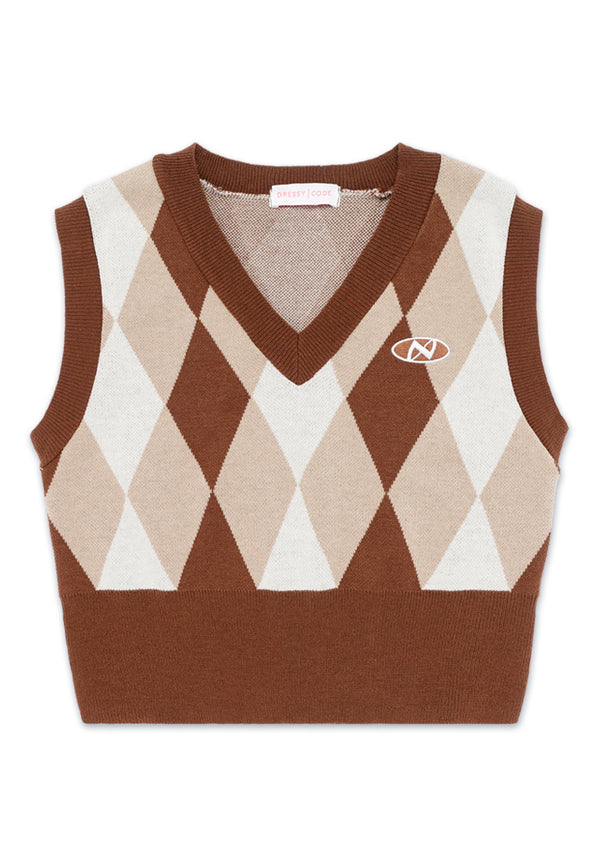 Letter Embroidery Argyle Pattern Knit Top- Brown