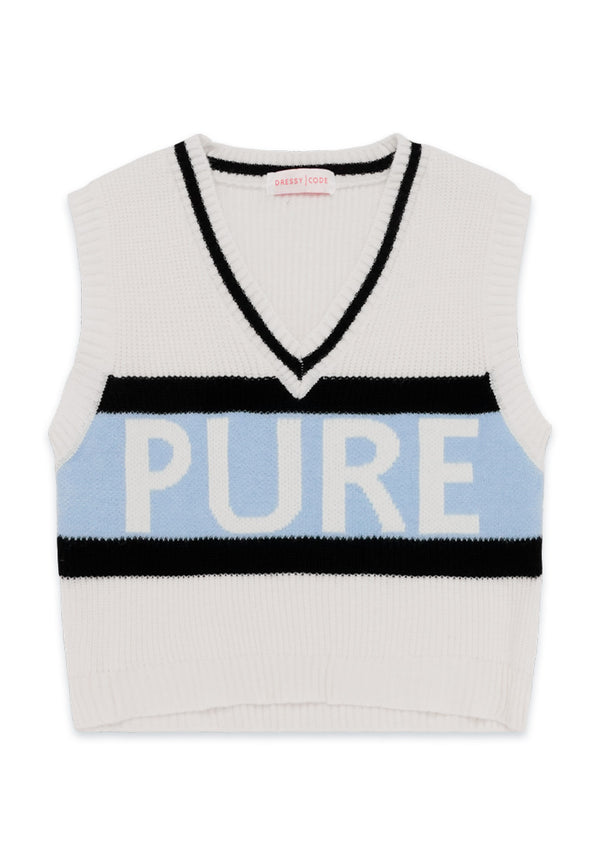 Letter Graphic Contrast Trim Knit Top- White