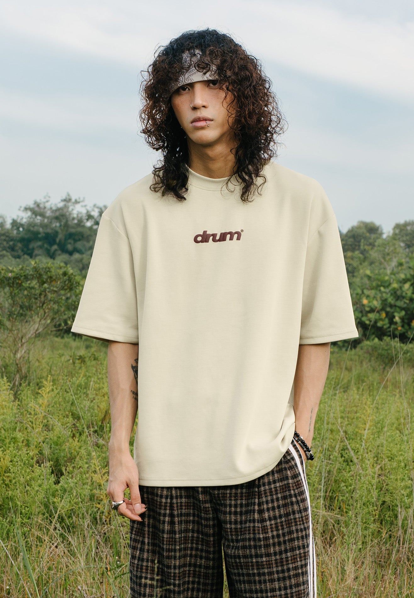 DRUM E. No Cap Logo Puff Print Oversized Tee- Beige