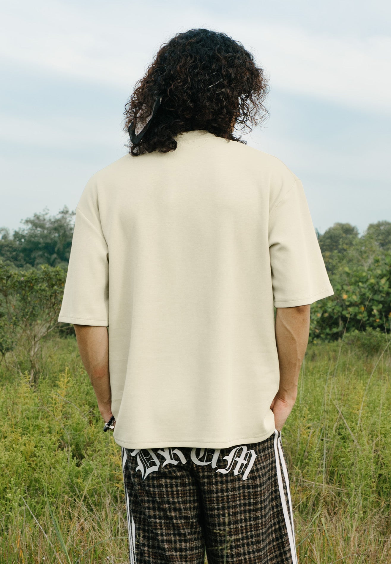 DRUM E. No Cap Logo Puff Print Oversized Tee- Beige