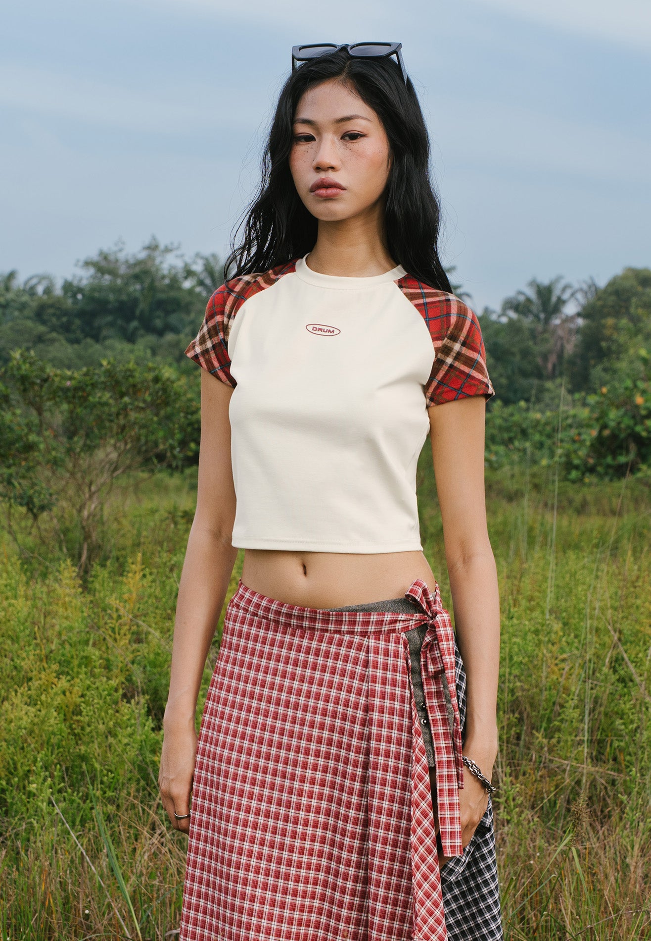 DRUM E. Women Checked Raglan Sleeve Top- Beige