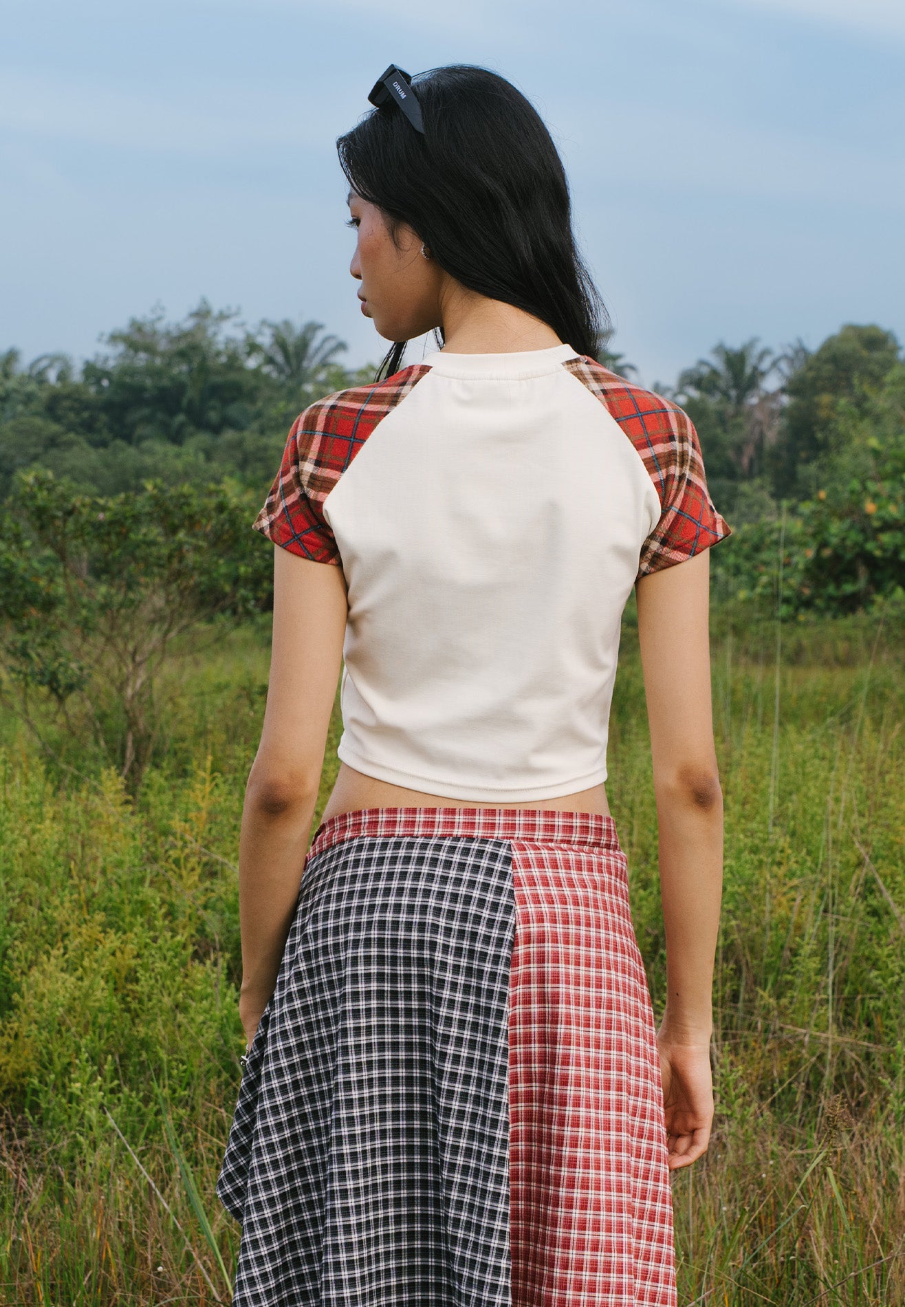 DRUM E. Women Checked Raglan Sleeve Top- Beige