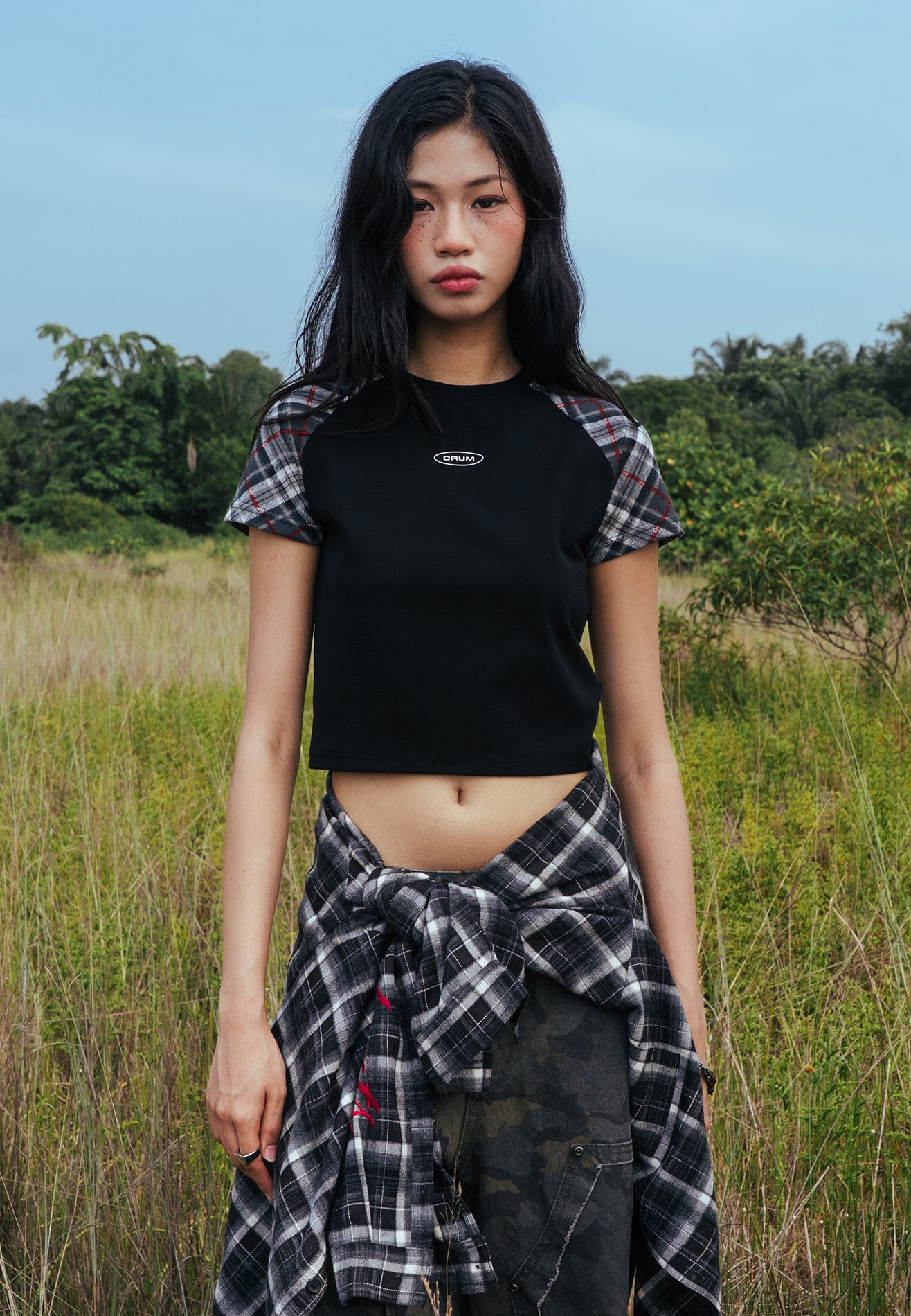 DRUM E. Women Checked Raglan Sleeve Top- Black