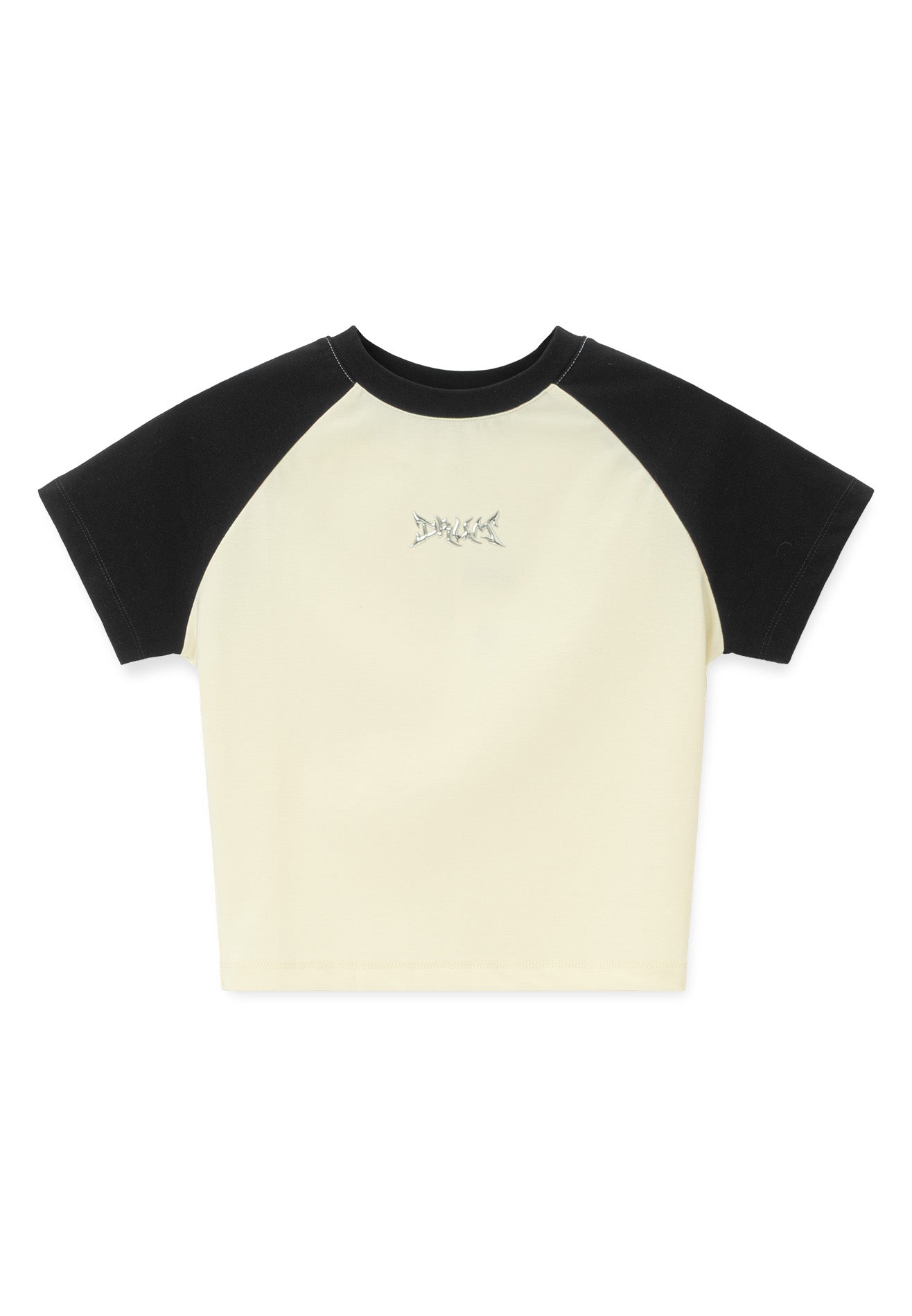 DRUM E. Women Silver Rubber Print Logo Raglan Crop Top- Beige