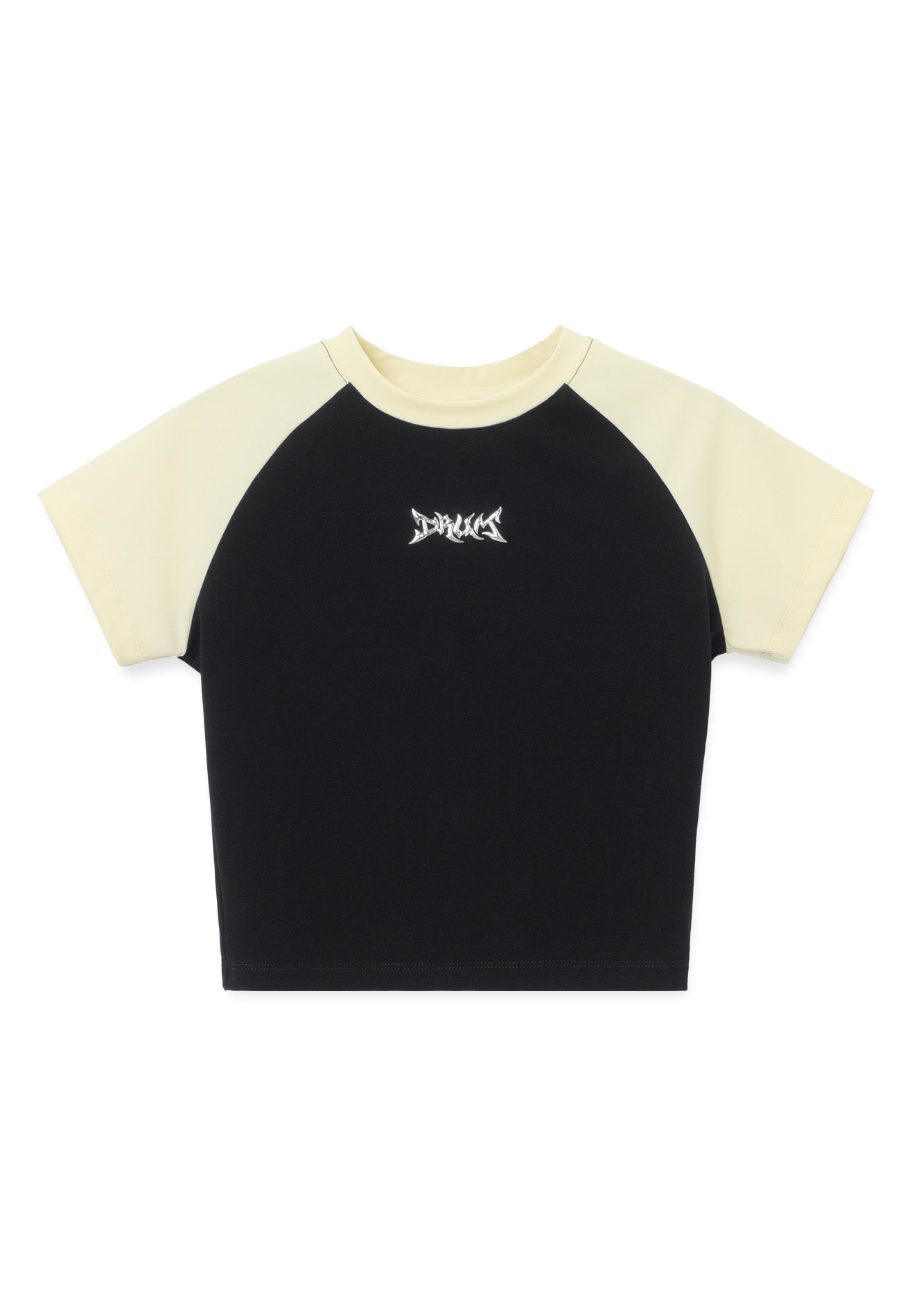 DRUM E. Women Silver Rubber Print Logo Raglan Crop Top- Black