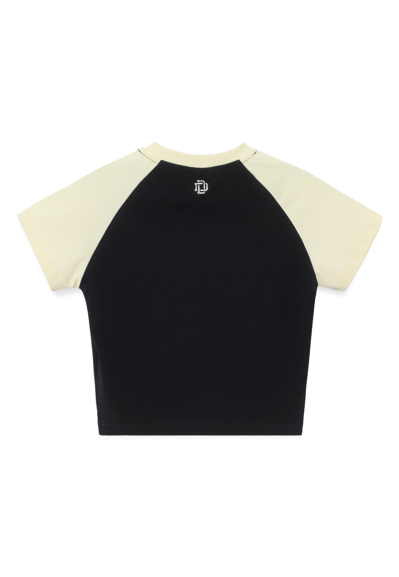 DRUM E. Women Silver Rubber Print Logo Raglan Crop Top- Black