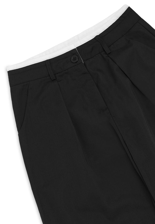 Contrast Waist Details Casual Long Pants- Black
