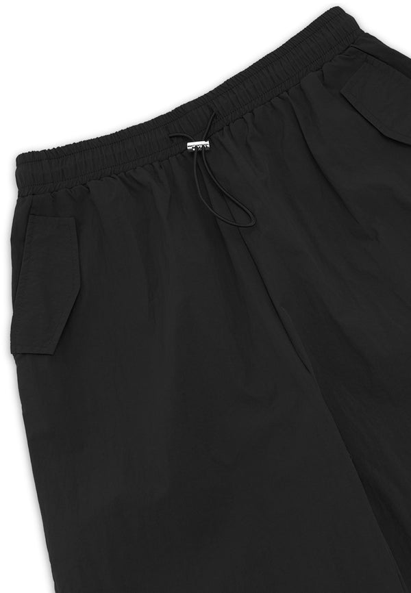 Nylon Knee Details Casual Pants- Black