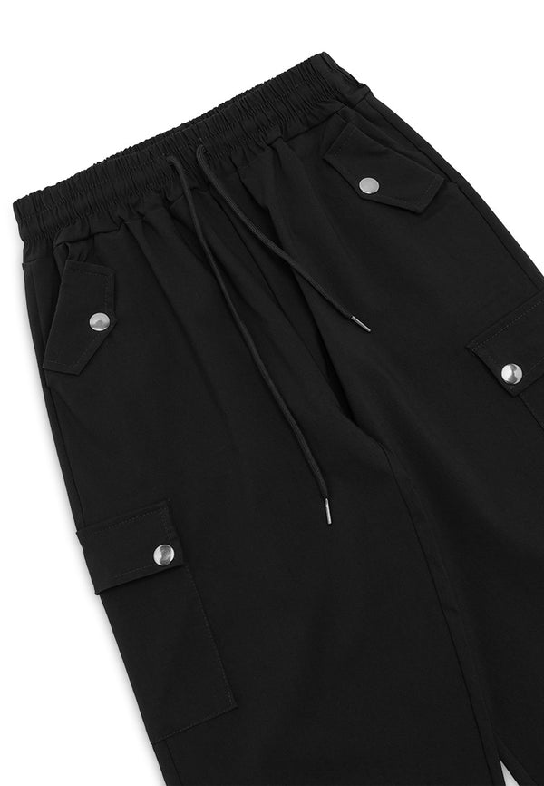 Contrast Waist Details Casual Long Pants- Black