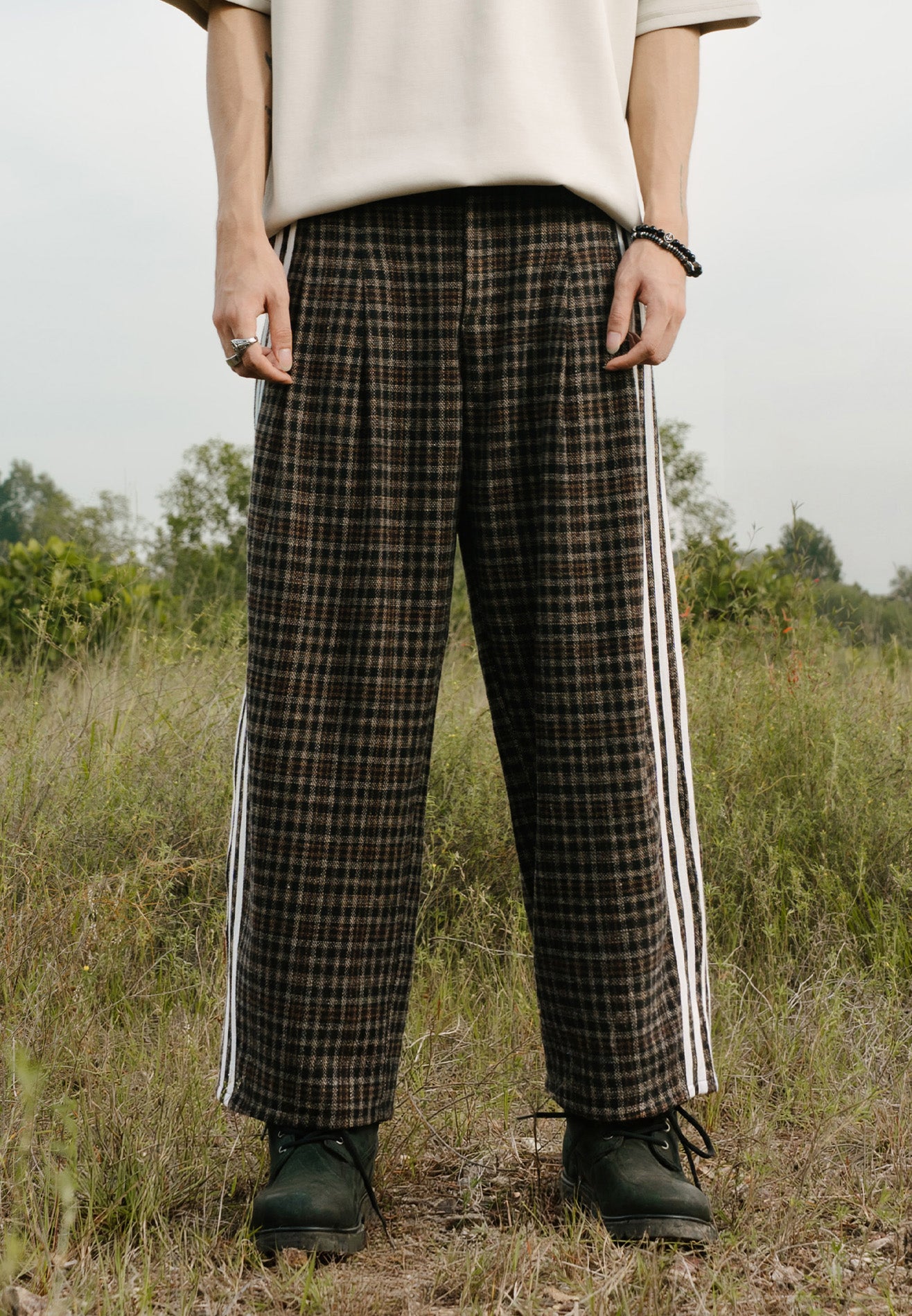 DRUM S. Checkmate Edition Flannel Pleated Long Pants - Brown