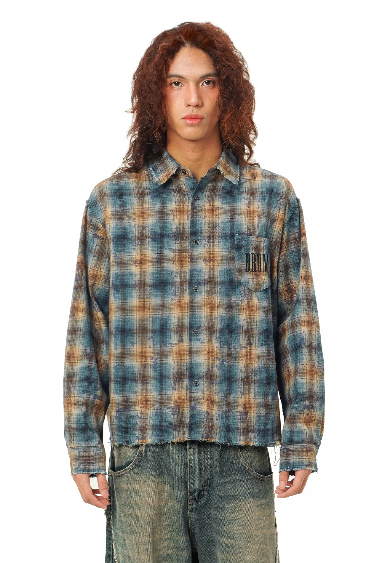 DRUM SELECT Checked Oversized Boxy Long Sleeve Shirt - Khaki