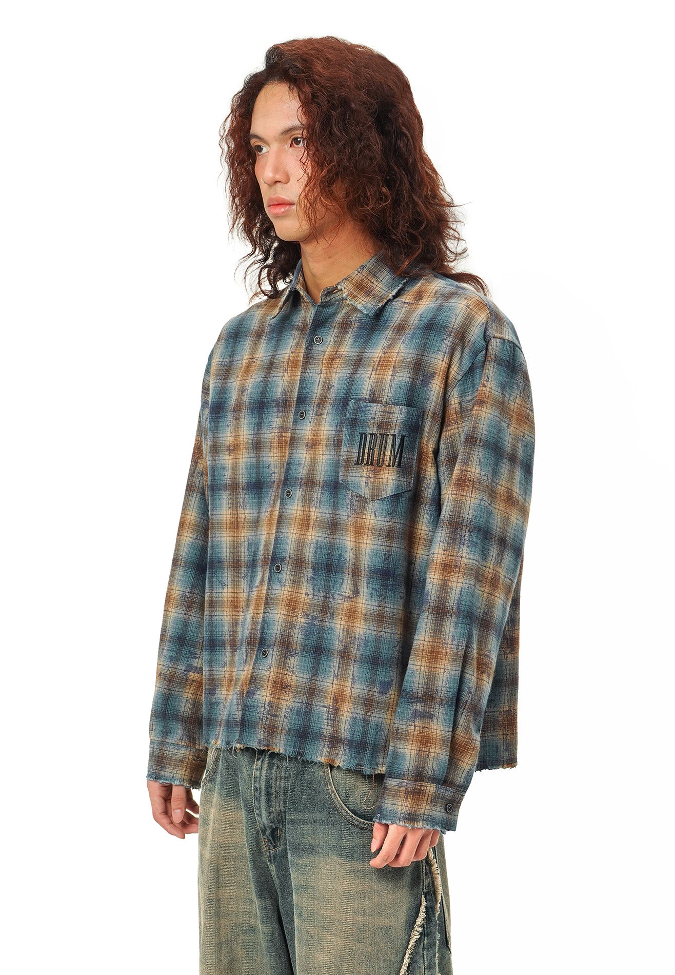 DRUM SELECT Checked Oversized Boxy Long Sleeve Shirt - Khaki