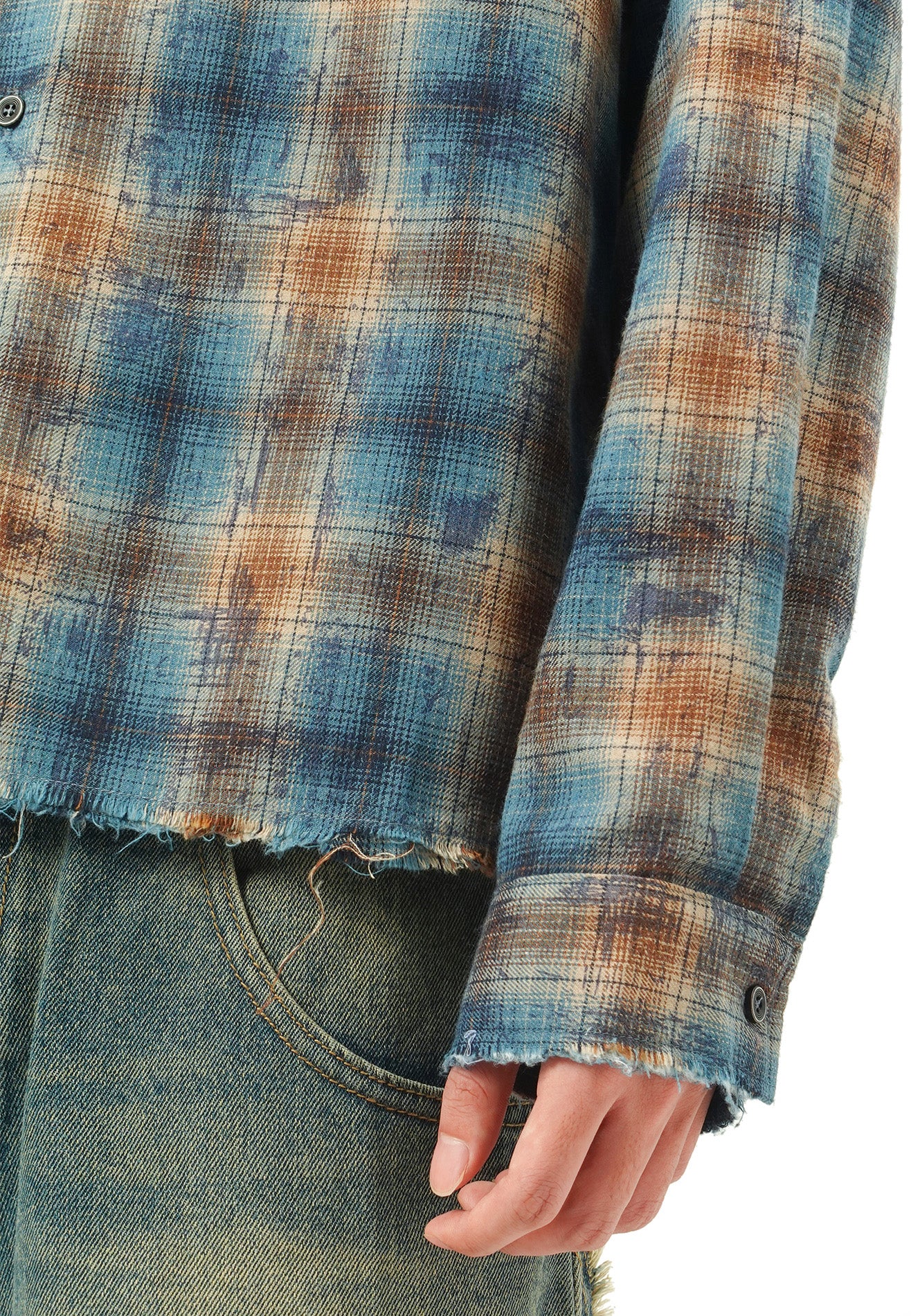 DRUM SELECT Checked Oversized Boxy Long Sleeve Shirt - Khaki