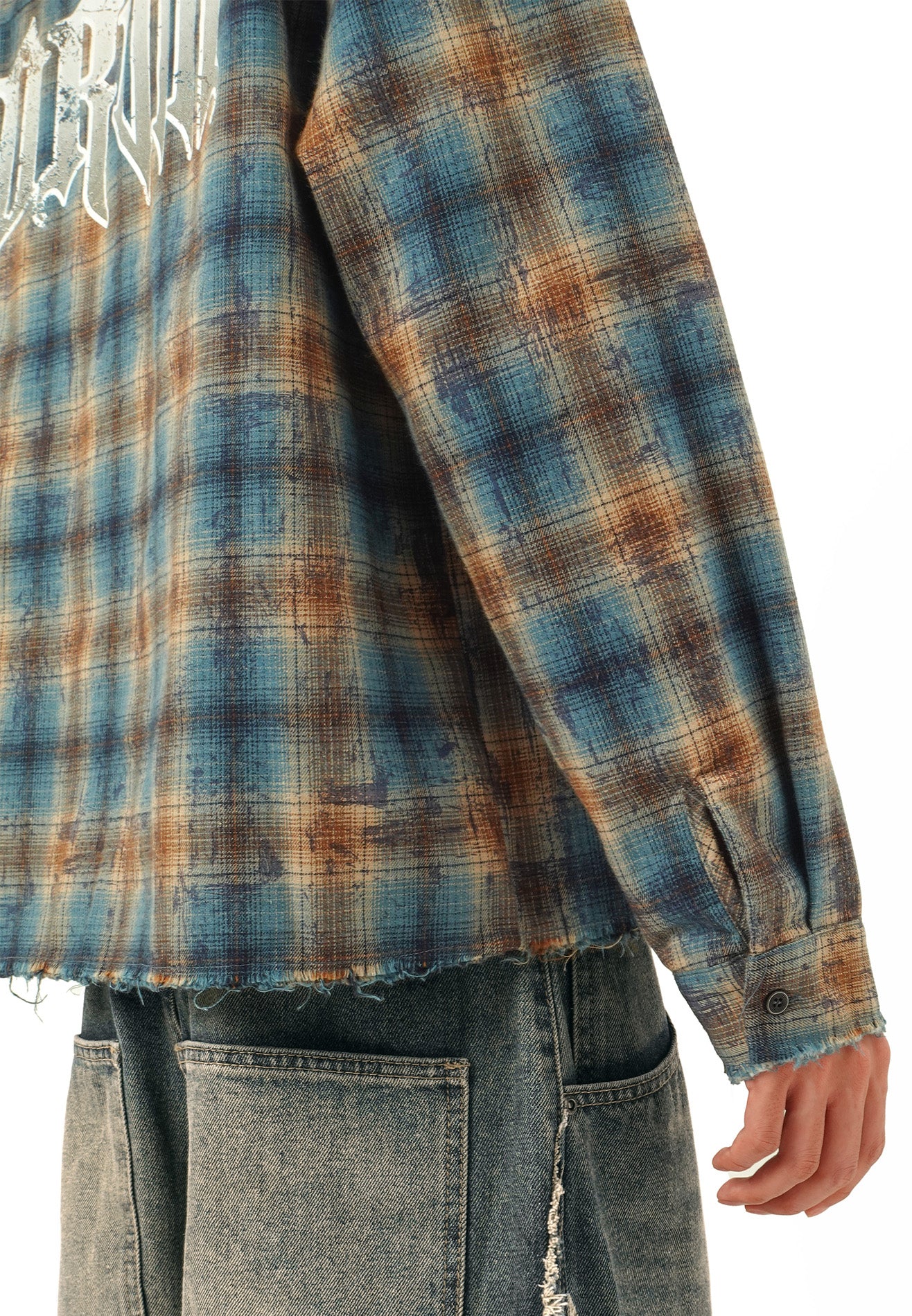 DRUM SELECT Checked Oversized Boxy Long Sleeve Shirt - Khaki