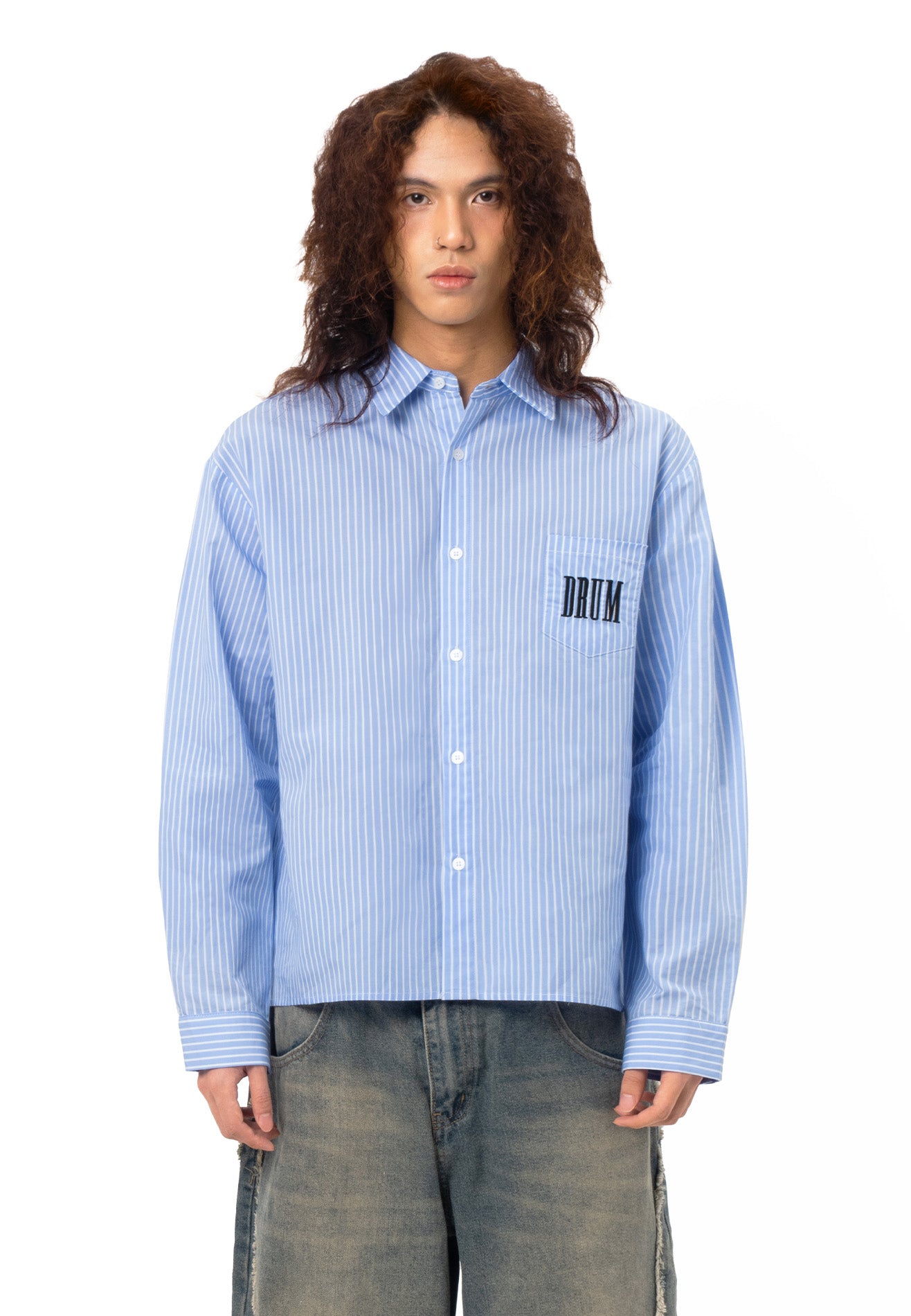 DRUM SELECT Casual Stripe Oversized Long Sleeve Shirt - Light Blue