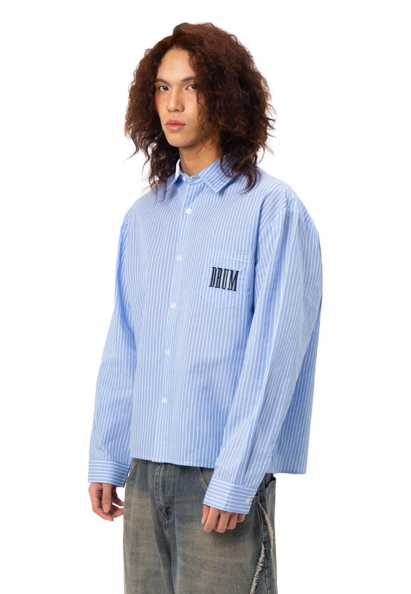 DRUM SELECT Casual Stripe Oversized Long Sleeve Shirt - Light Blue