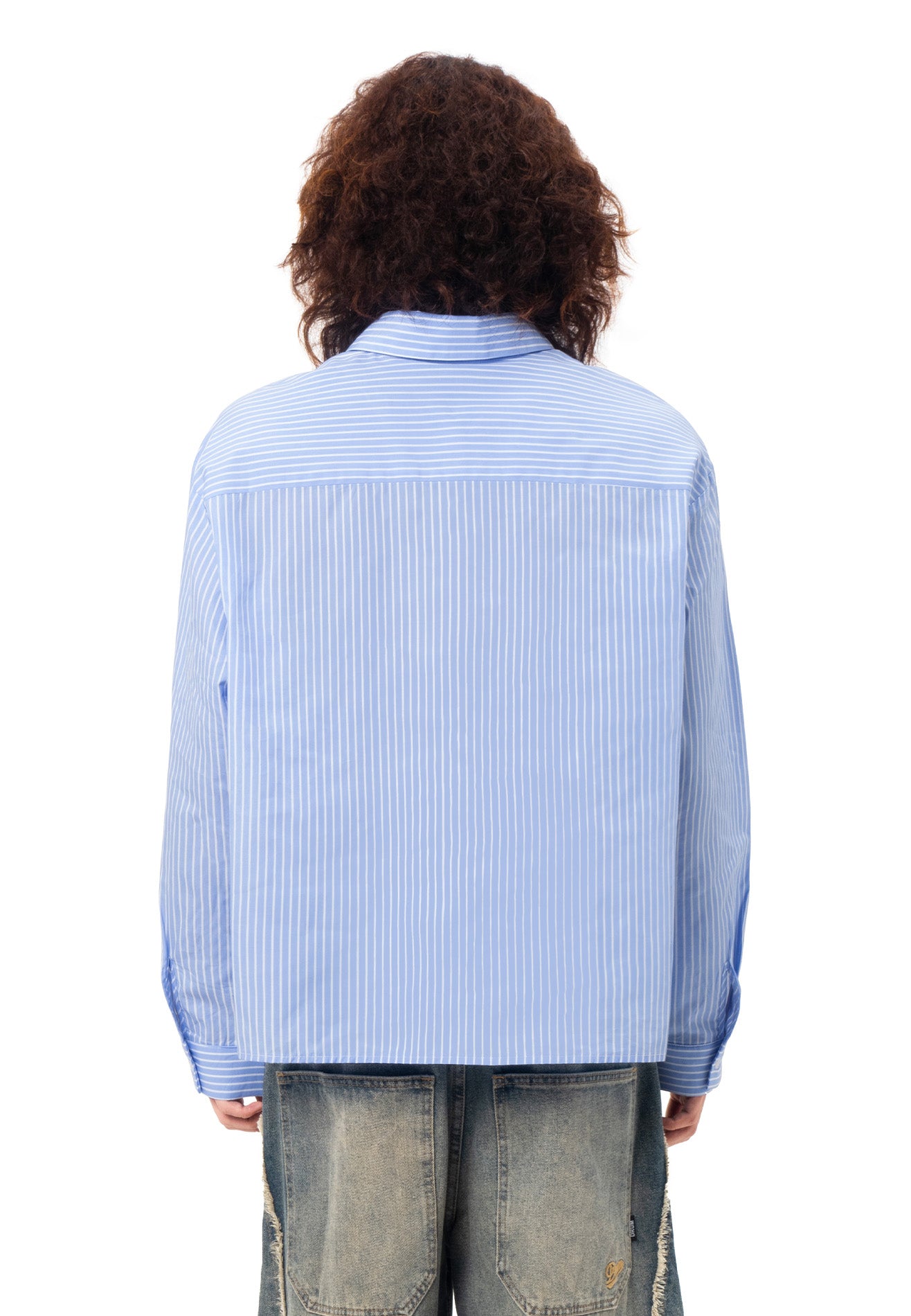 DRUM SELECT Casual Stripe Oversized Long Sleeve Shirt - Light Blue