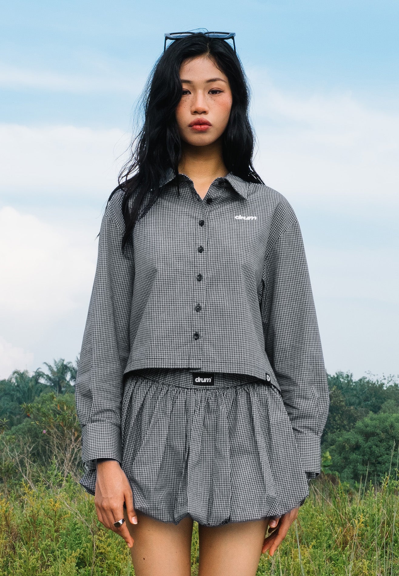 DRUM S. Women Checkmate Edition Long Sleeve Crop Shirt- Black