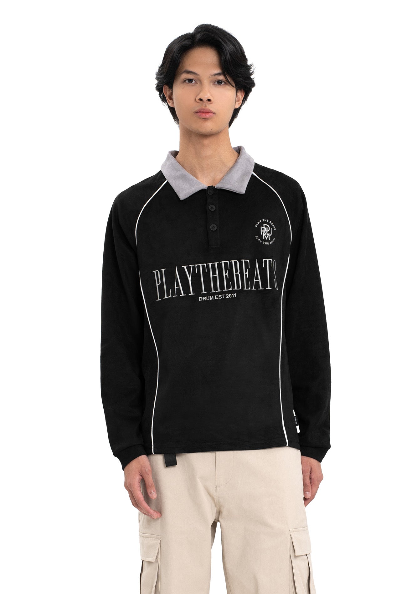 Select Suede Fabric Polo Long Tee- Black