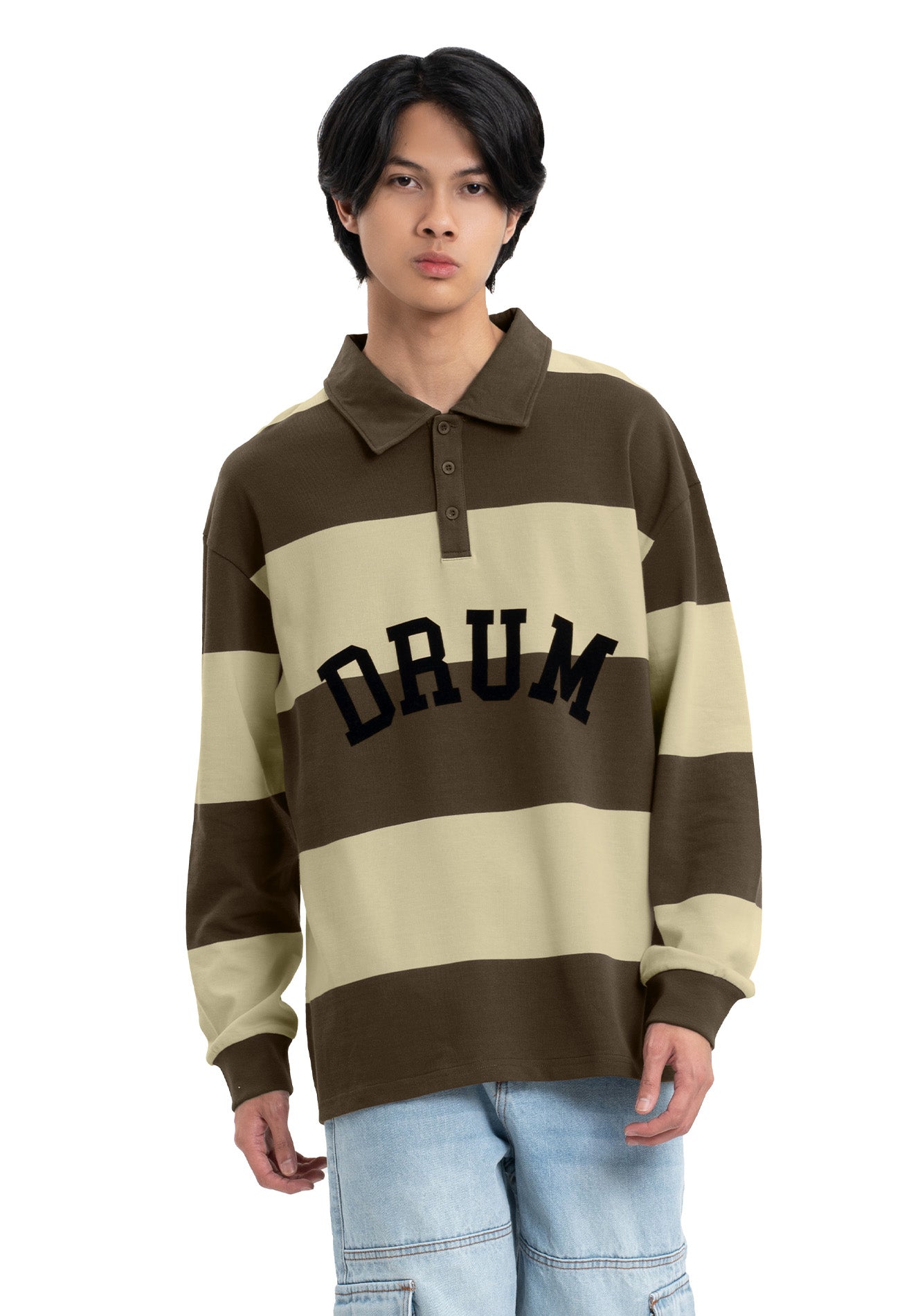 Select Stripe Long Sleeve Polo Tee- Dark Khaki