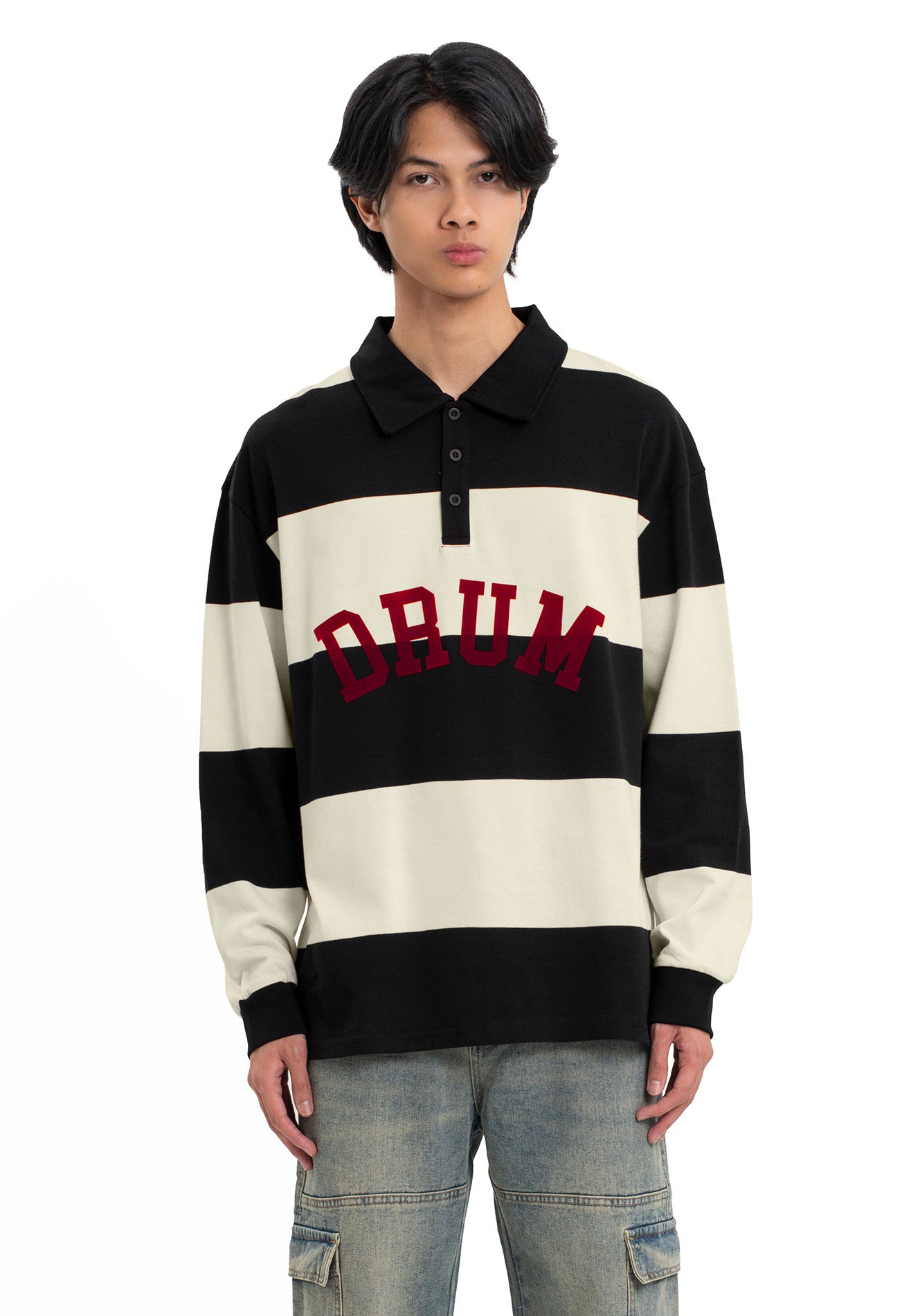 Select Stripe Long Sleeve Polo Tee- Black