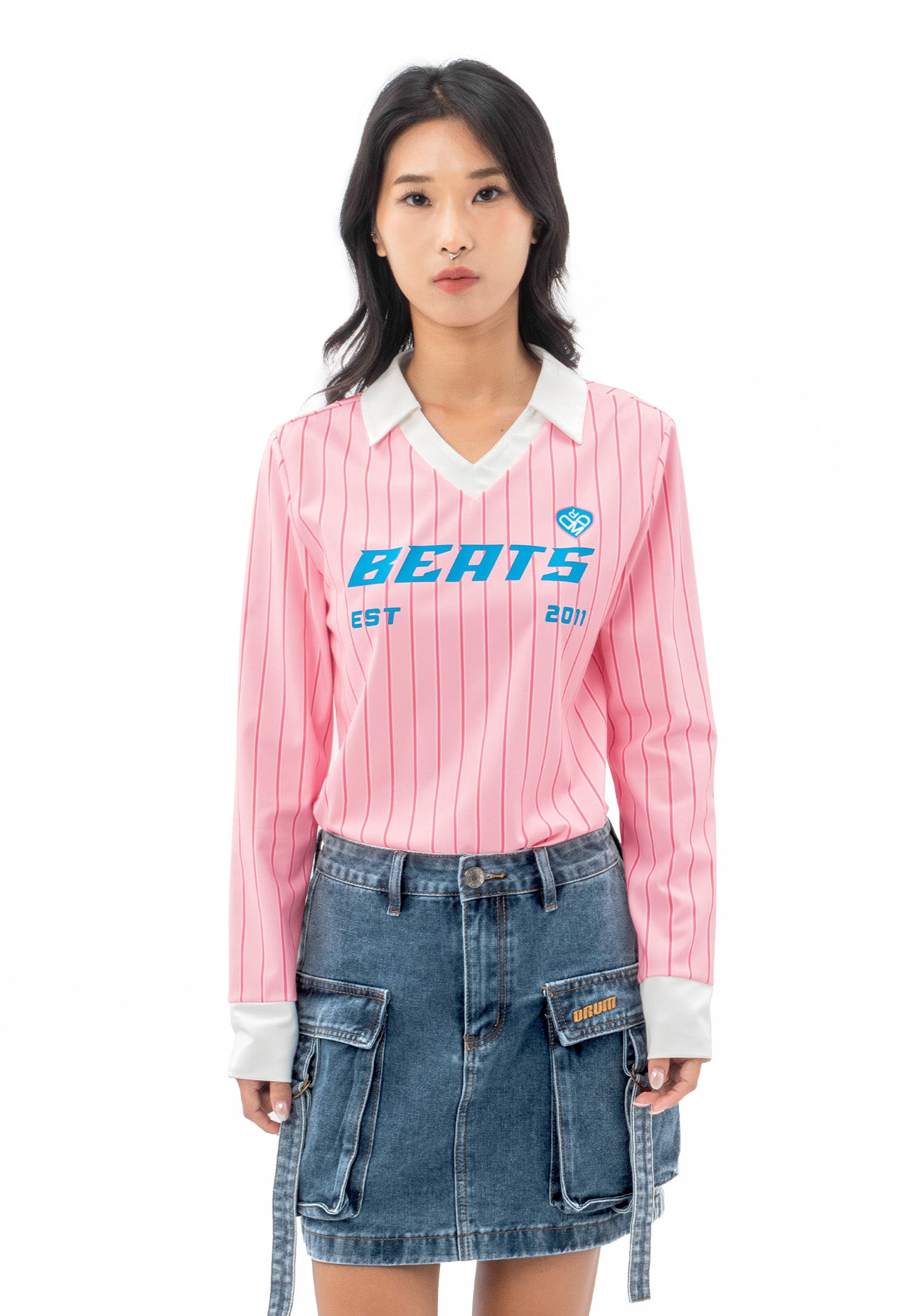 DRUM SELECT Ladies Vertical Stripe Long Sleeve Polo- Pink