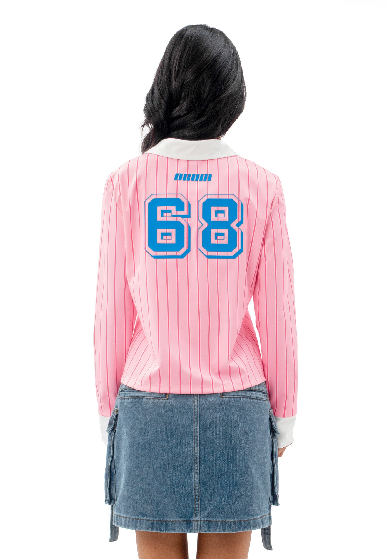 DRUM SELECT Ladies Vertical Stripe Long Sleeve Polo- Pink