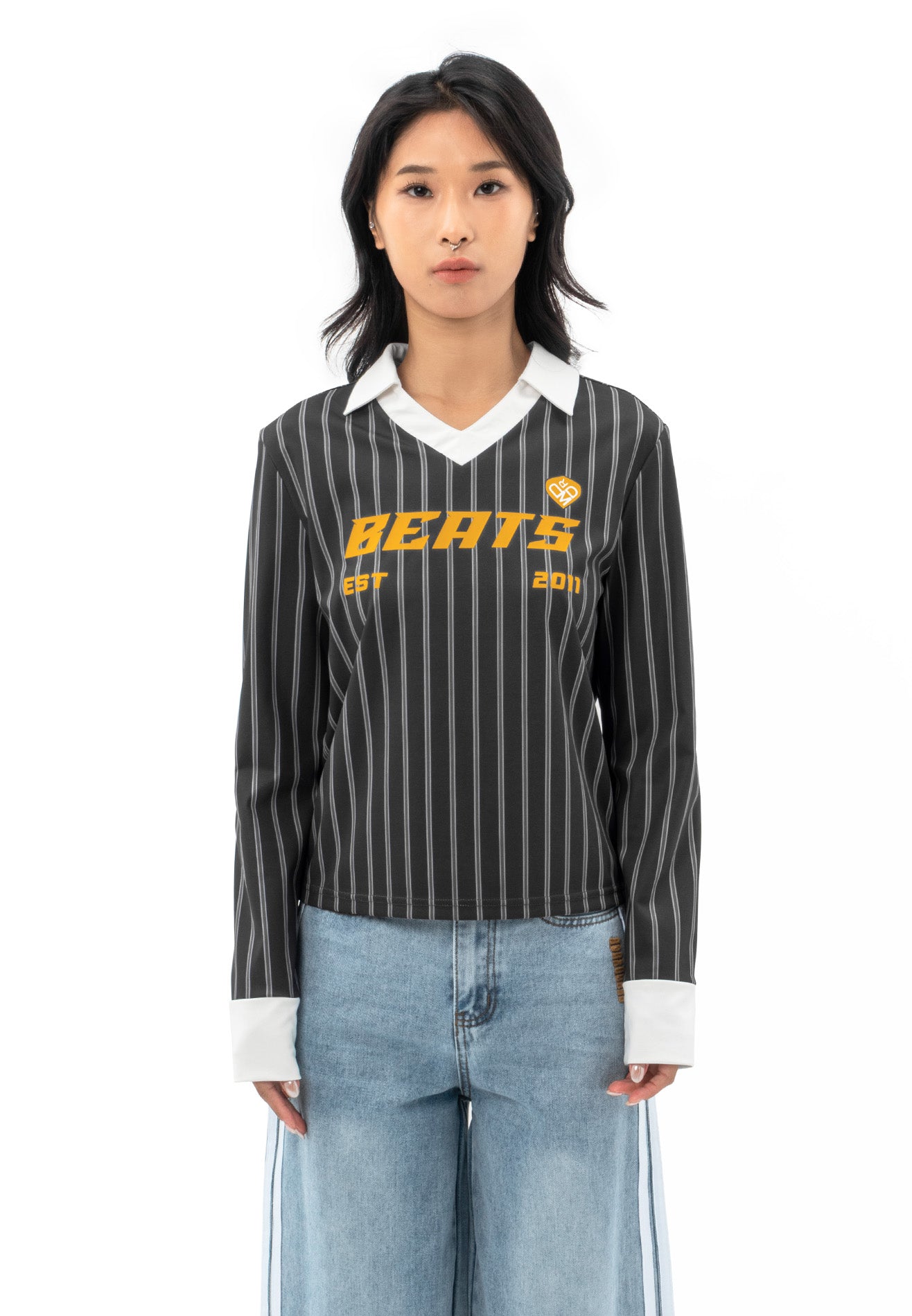 DRUM SELECT Ladies Vertical Stripe Long Sleeve Polo- Dark Grey