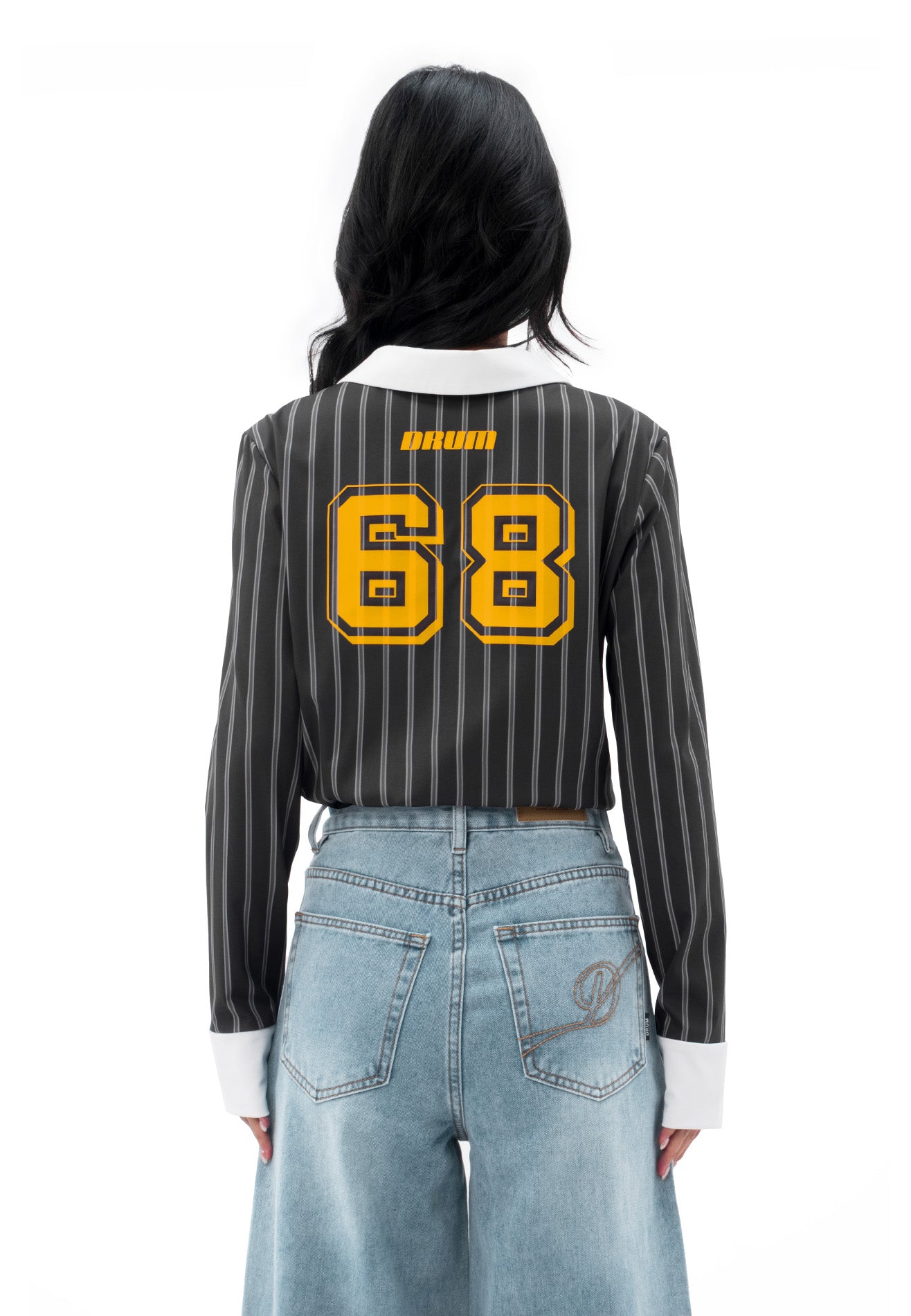 DRUM SELECT Ladies Vertical Stripe Long Sleeve Polo- Dark Grey