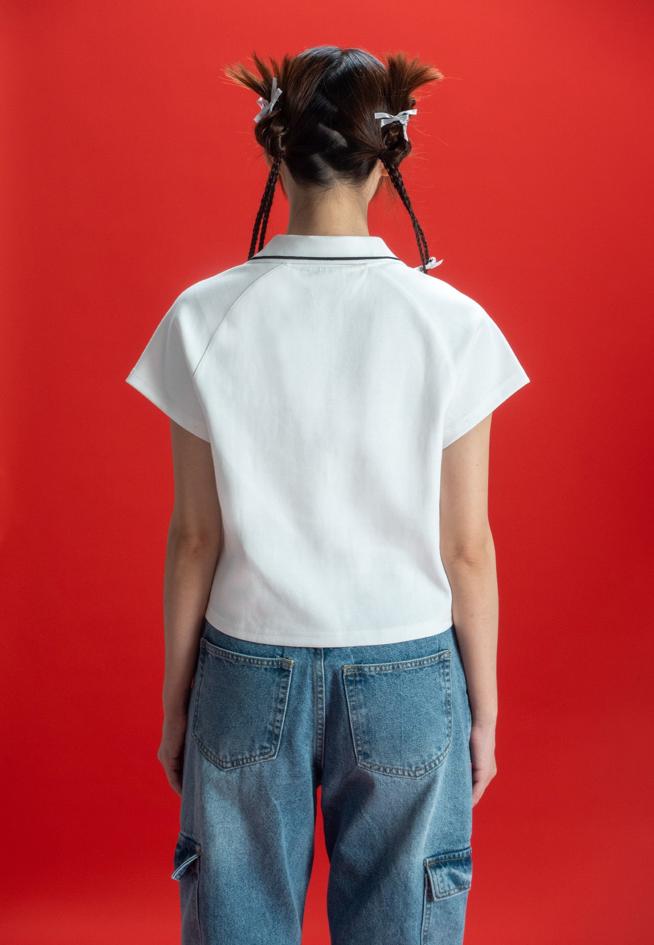 DRUM SELECT Ladies Logo Polo Crop Top- White