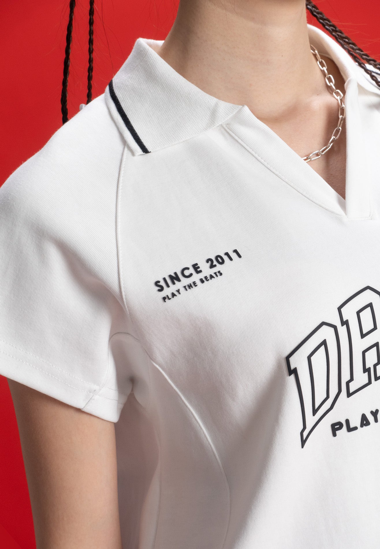 DRUM SELECT Ladies Logo Polo Crop Top- White