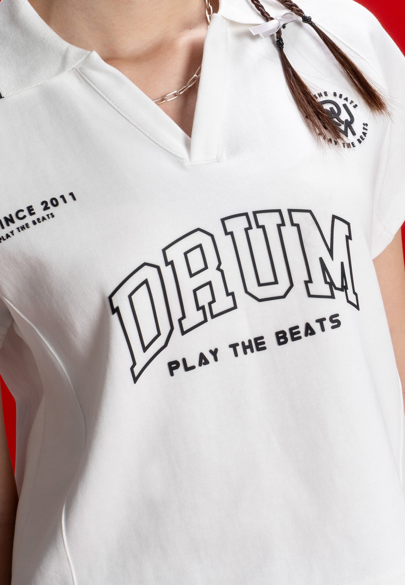 DRUM SELECT Ladies Logo Polo Crop Top- White