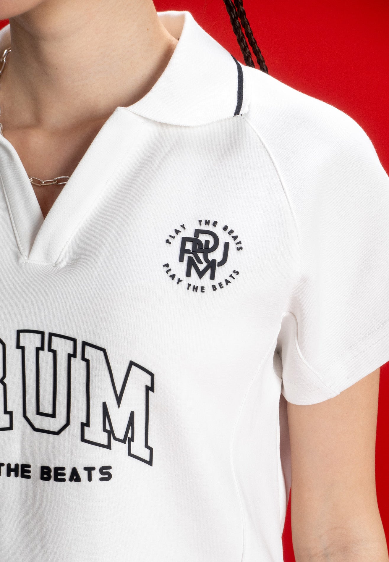 DRUM SELECT Ladies Logo Polo Crop Top- White