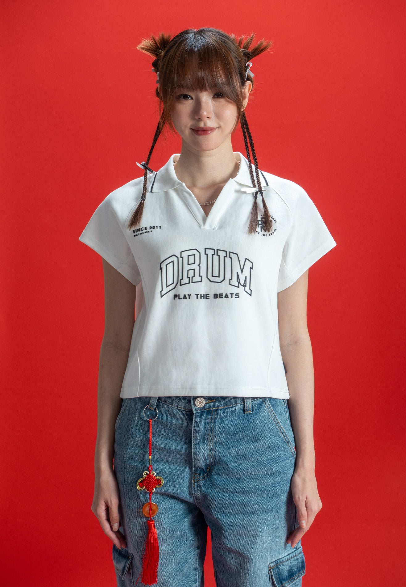 DRUM SELECT Ladies Logo Polo Crop Top- White