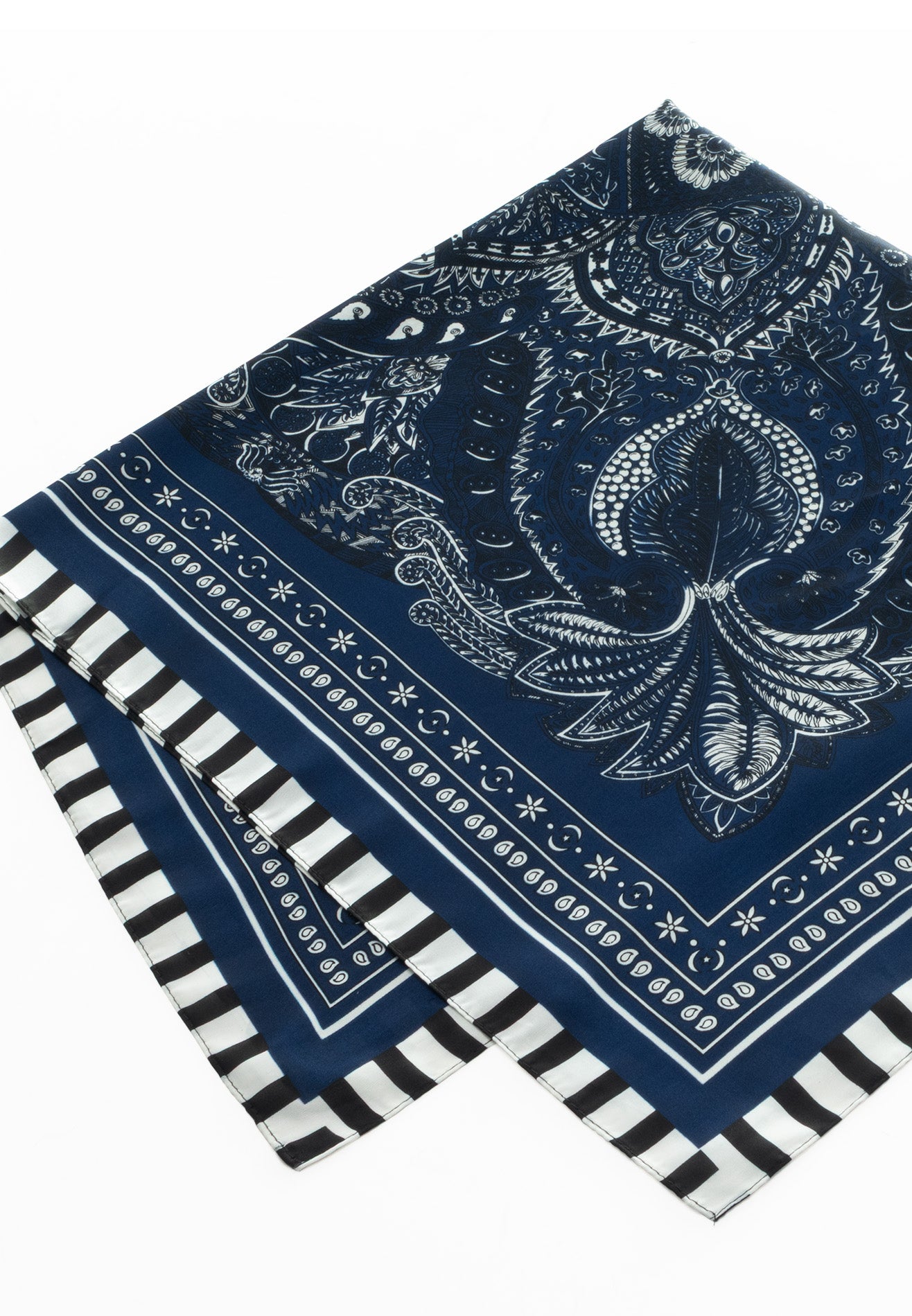 DRUM Printed Leaf Checked Satin Bandana/Scarf - Dark Blue