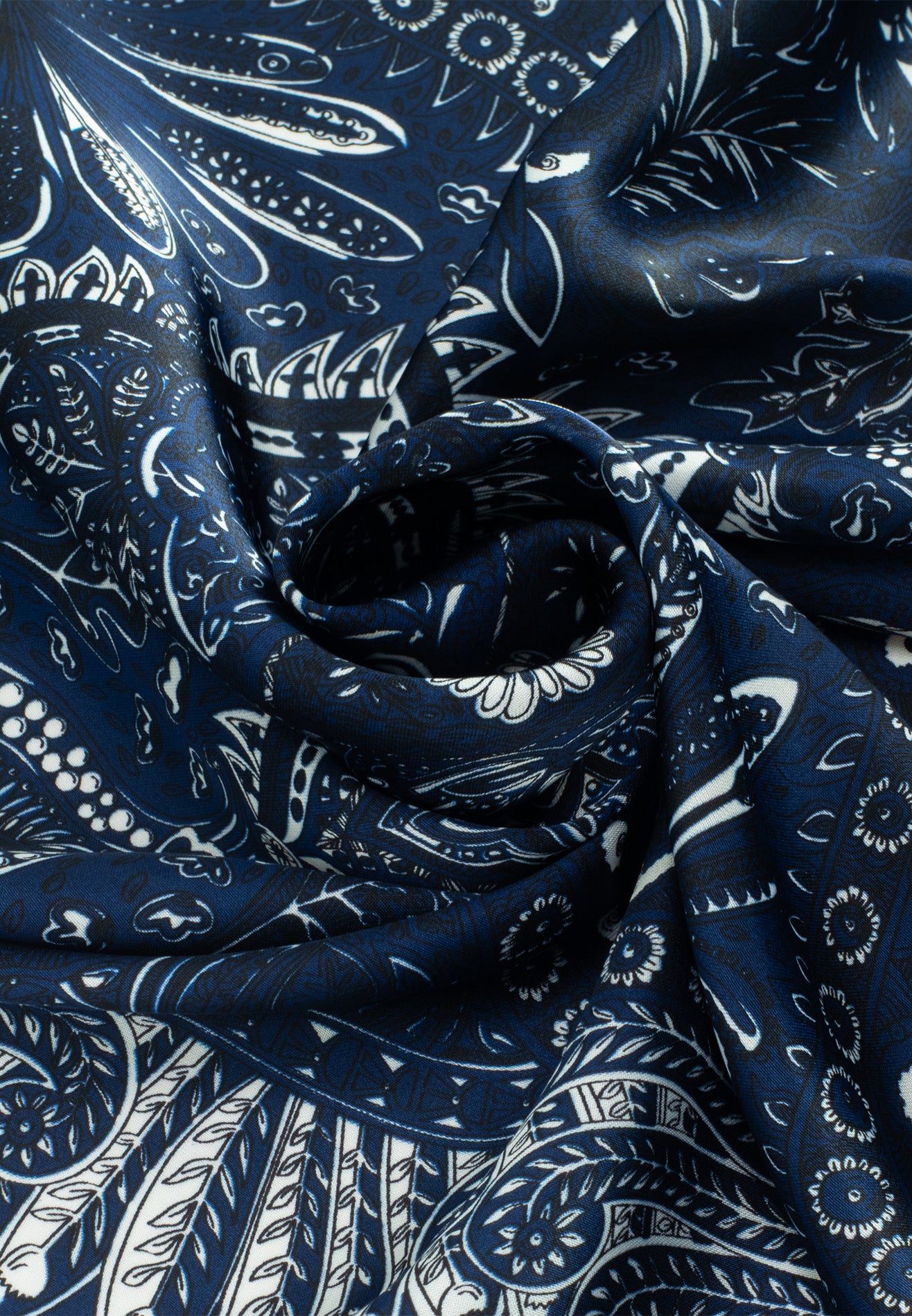 DRUM Printed Leaf Checked Satin Bandana/Scarf - Dark Blue