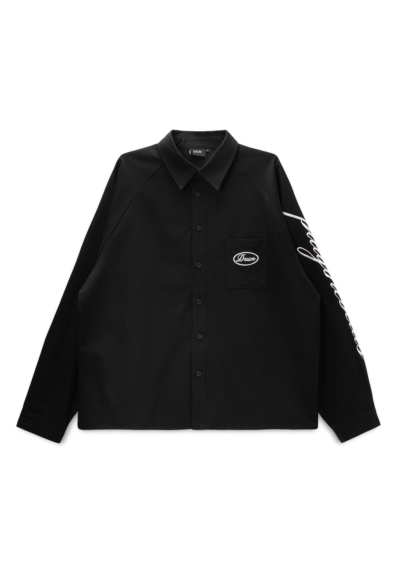 DRUM S. Classic Sleeve Embroidery Oversized Boxy Long Sleeve Shirt - Black