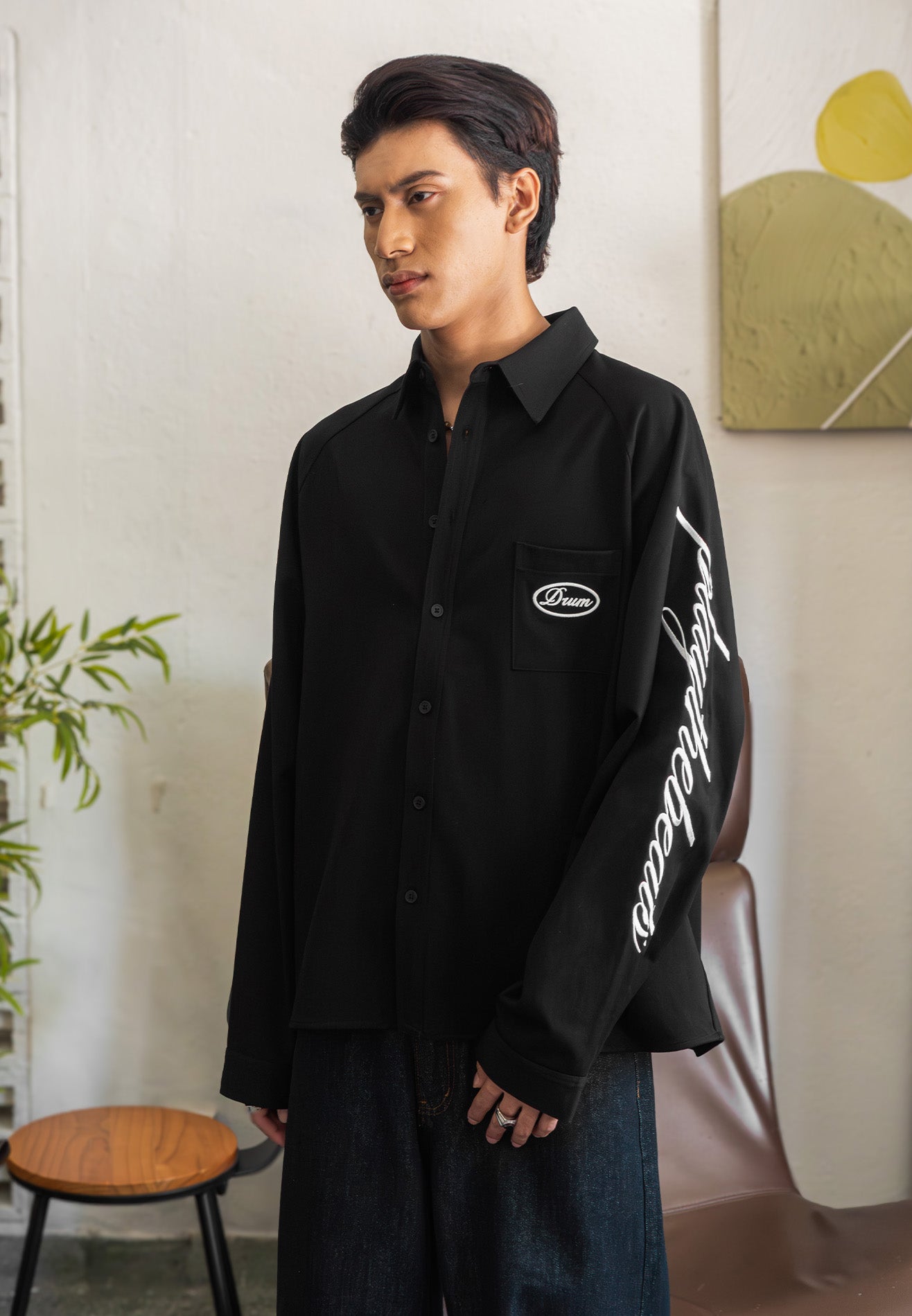 DRUM S. Classic Sleeve Embroidery Oversized Boxy Long Sleeve Shirt - Black