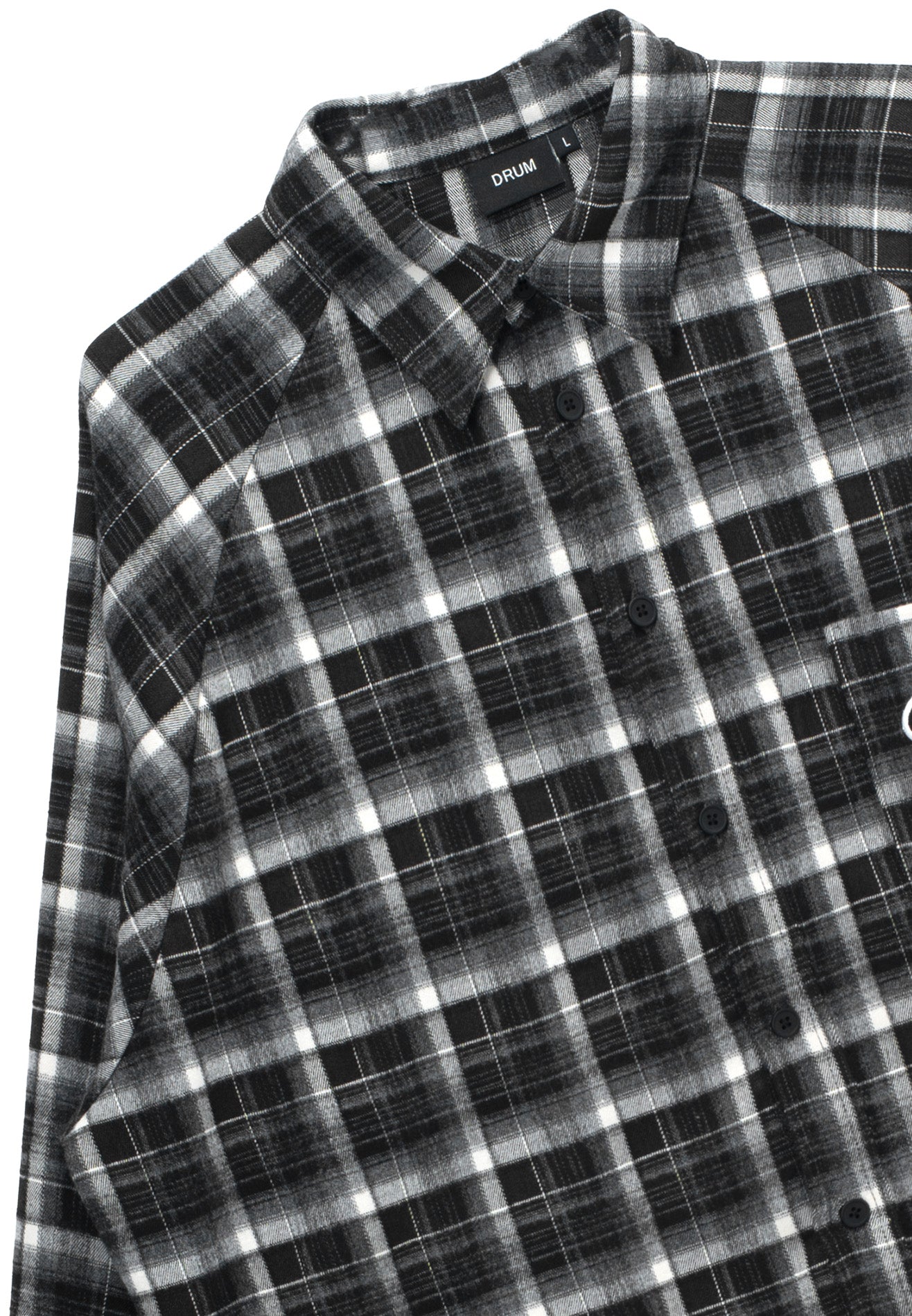 DRUM S. Sleeve Embroidery Oversized Boxy Long Sleeve Checked Shirt - Black