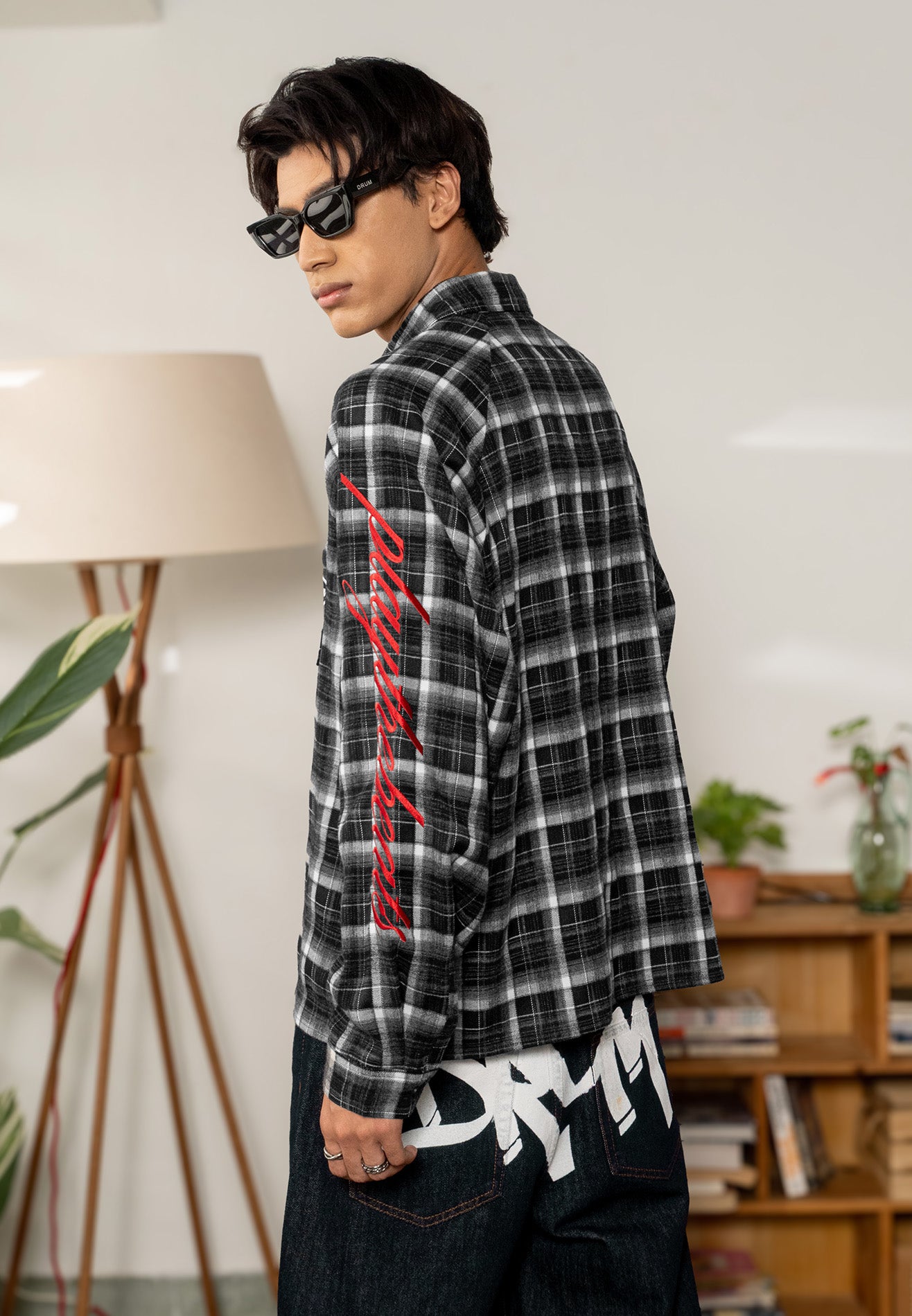 DRUM S. Sleeve Embroidery Oversized Boxy Long Sleeve Checked Shirt - Black
