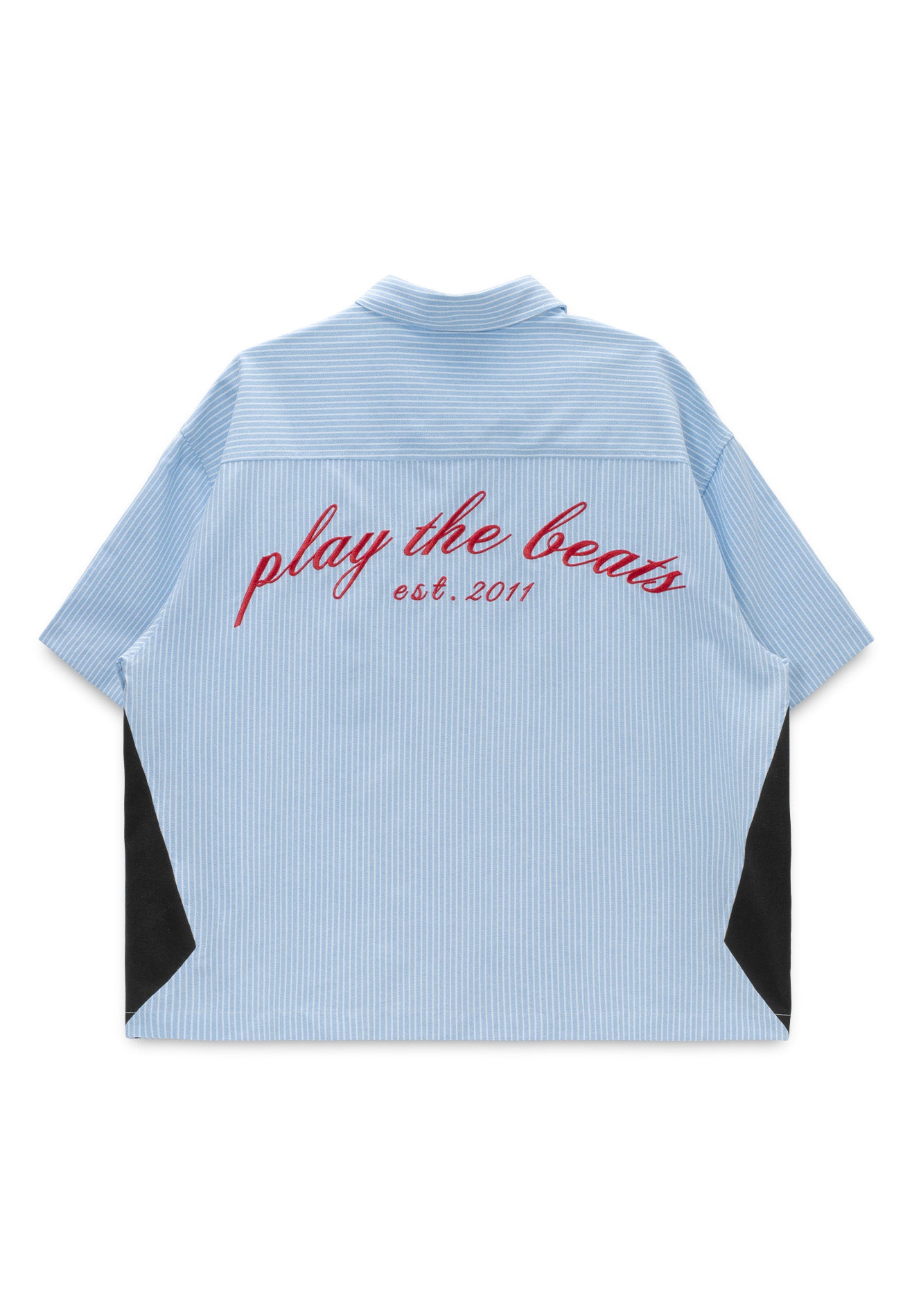 DRUM S. Vertical Stripe Slogan Embroidery Short Sleeve Boxy Shirt- Light Blue