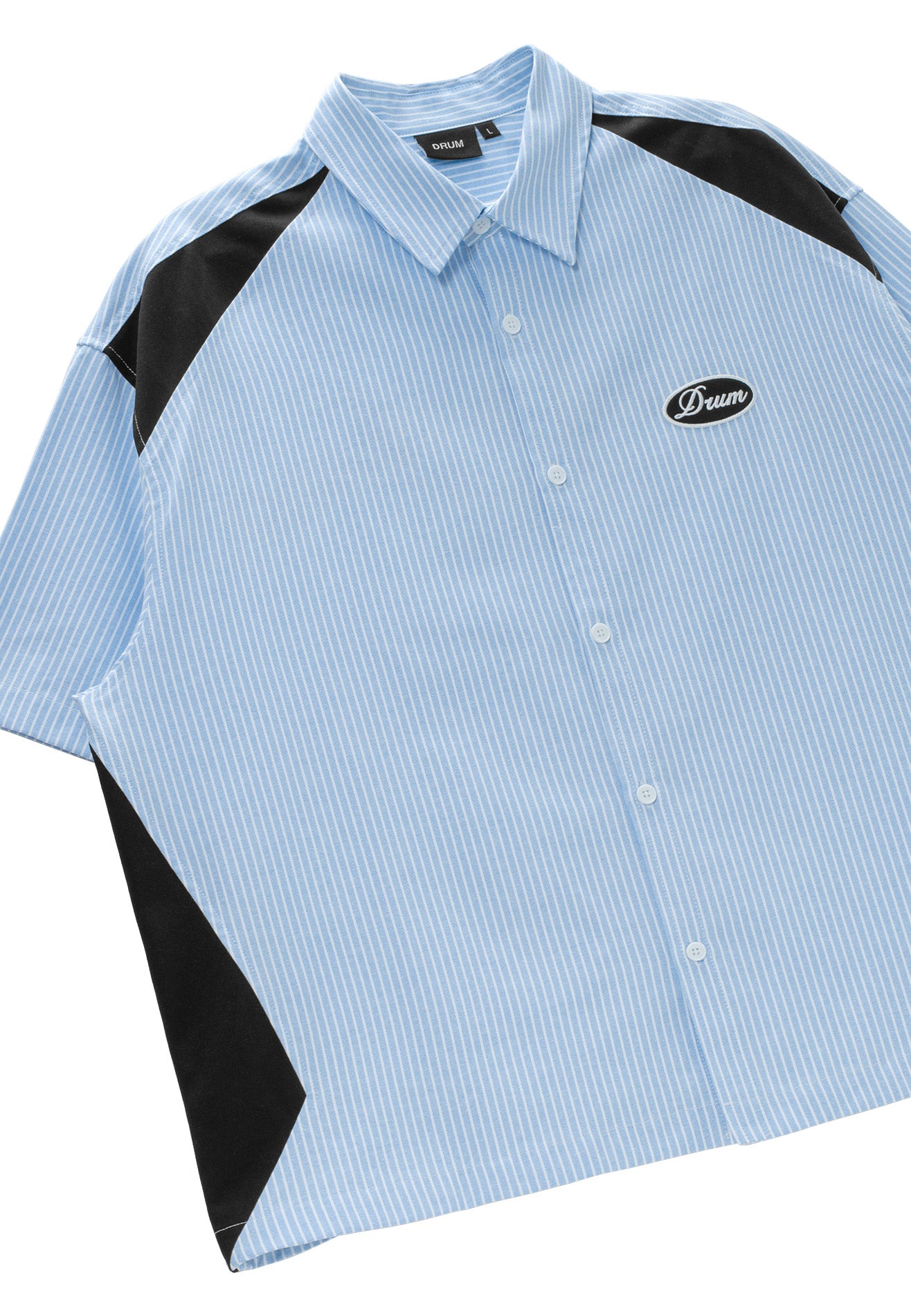 DRUM S. Vertical Stripe Slogan Embroidery Short Sleeve Boxy Shirt- Light Blue