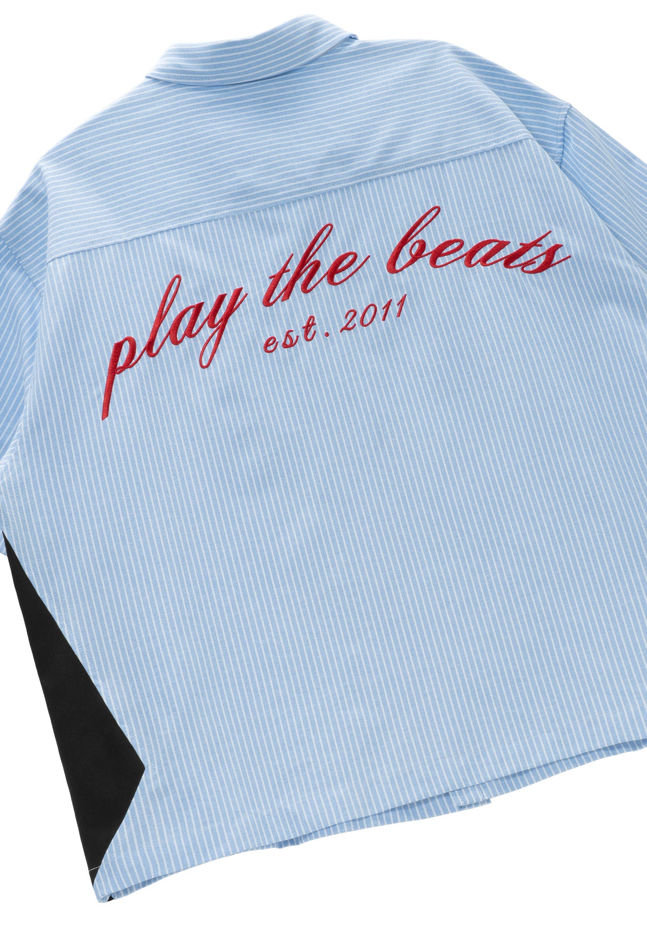 DRUM S. Vertical Stripe Slogan Embroidery Short Sleeve Boxy Shirt- Light Blue