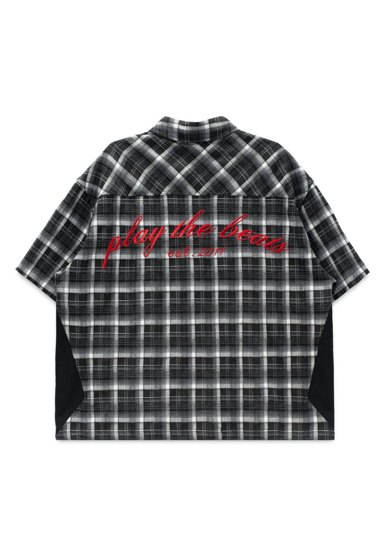 DRUM S. Vertical Stripe Slogan Embroidery Short Sleeve Boxy Shirt- Black
