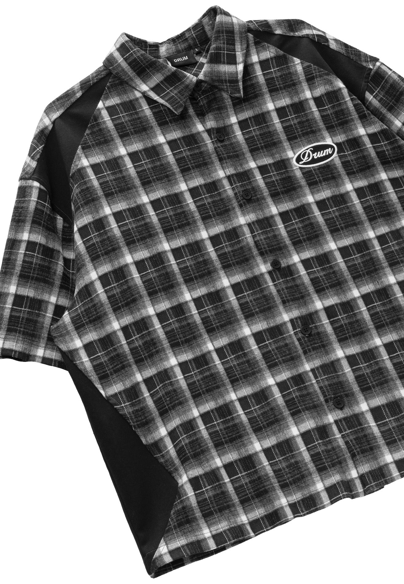 DRUM S. Vertical Stripe Slogan Embroidery Short Sleeve Boxy Shirt- Black