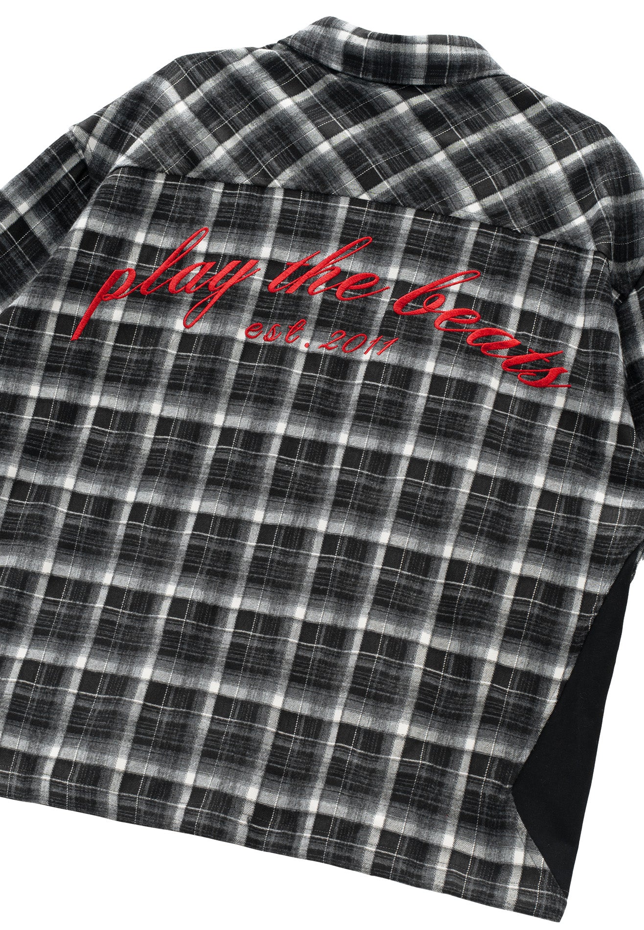 DRUM S. Vertical Stripe Slogan Embroidery Short Sleeve Boxy Shirt- Black