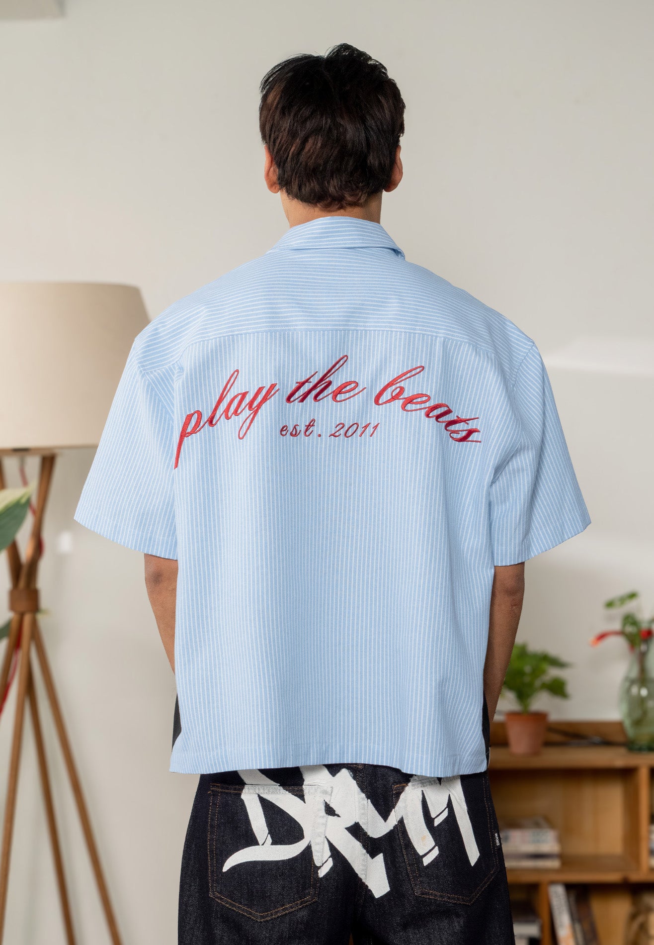 DRUM S. Vertical Stripe Slogan Embroidery Short Sleeve Boxy Shirt- Light Blue