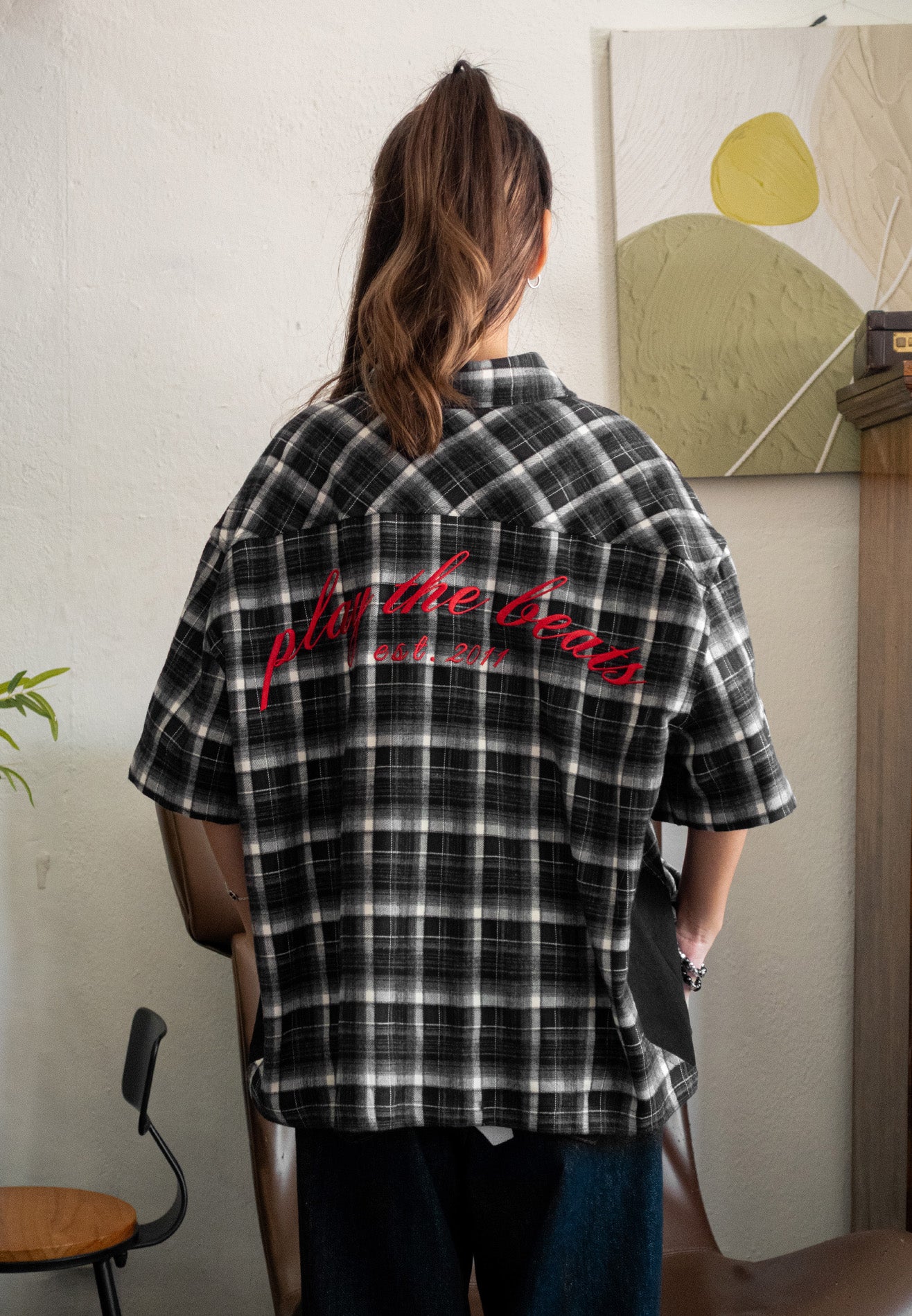 DRUM S. Vertical Stripe Slogan Embroidery Short Sleeve Boxy Shirt- Black