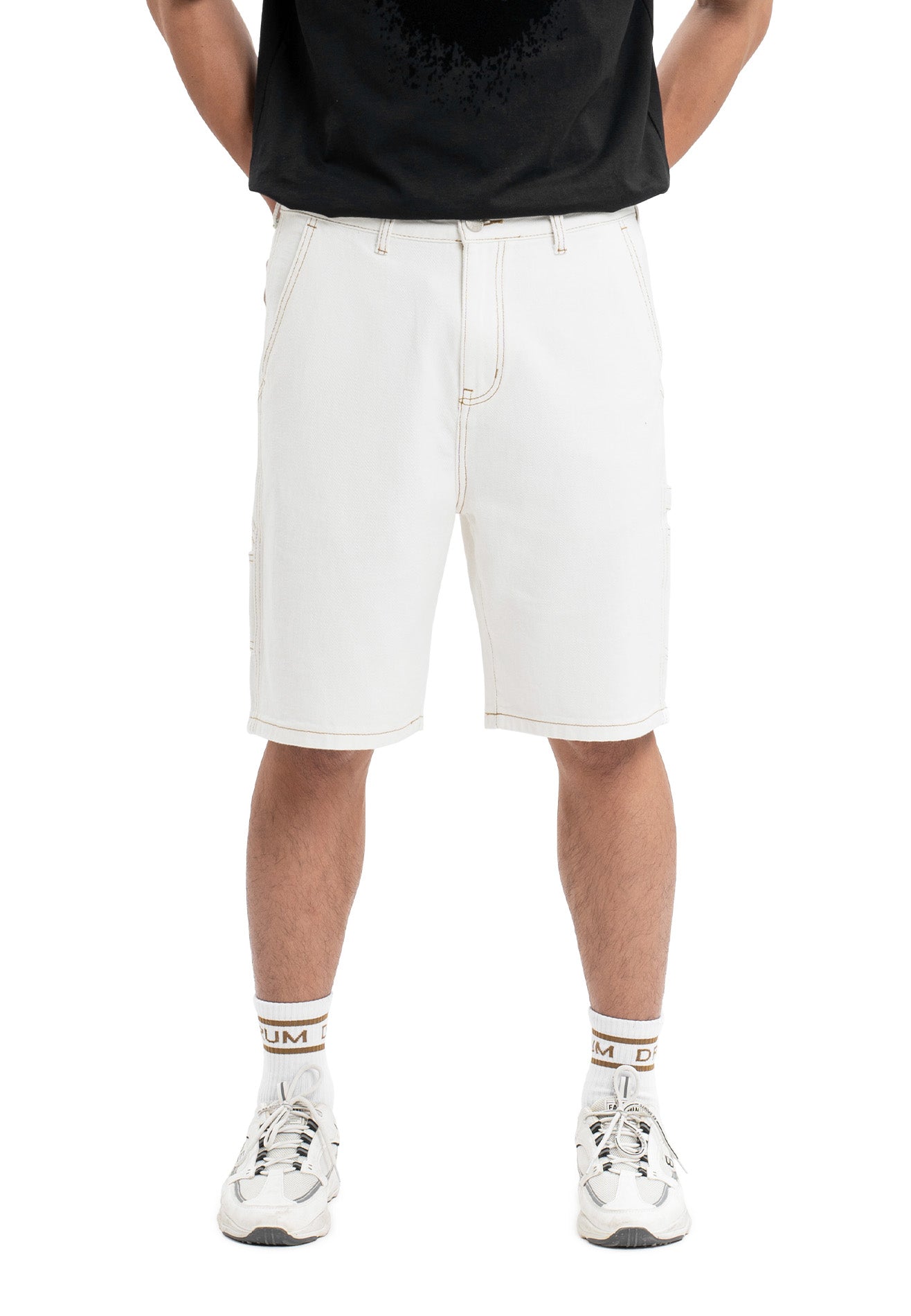 DRUM Contrast Stitches Short Jeans- White